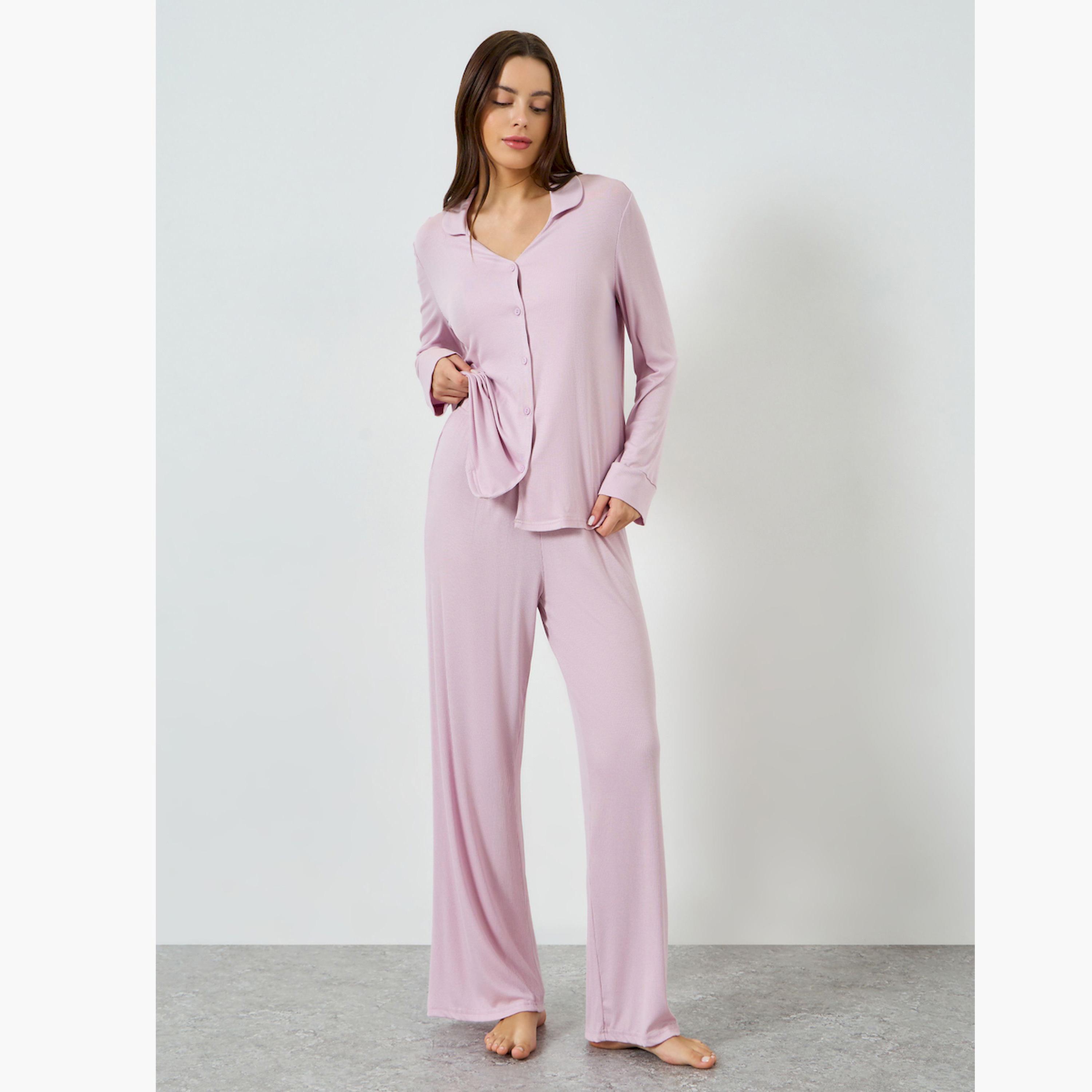 مجموعة من بيجاما وقميص بأزرار وياقة مفتوحة من فيسكوز ناعم-women-clothing-nightwear-pyjamas-longsets-image-1