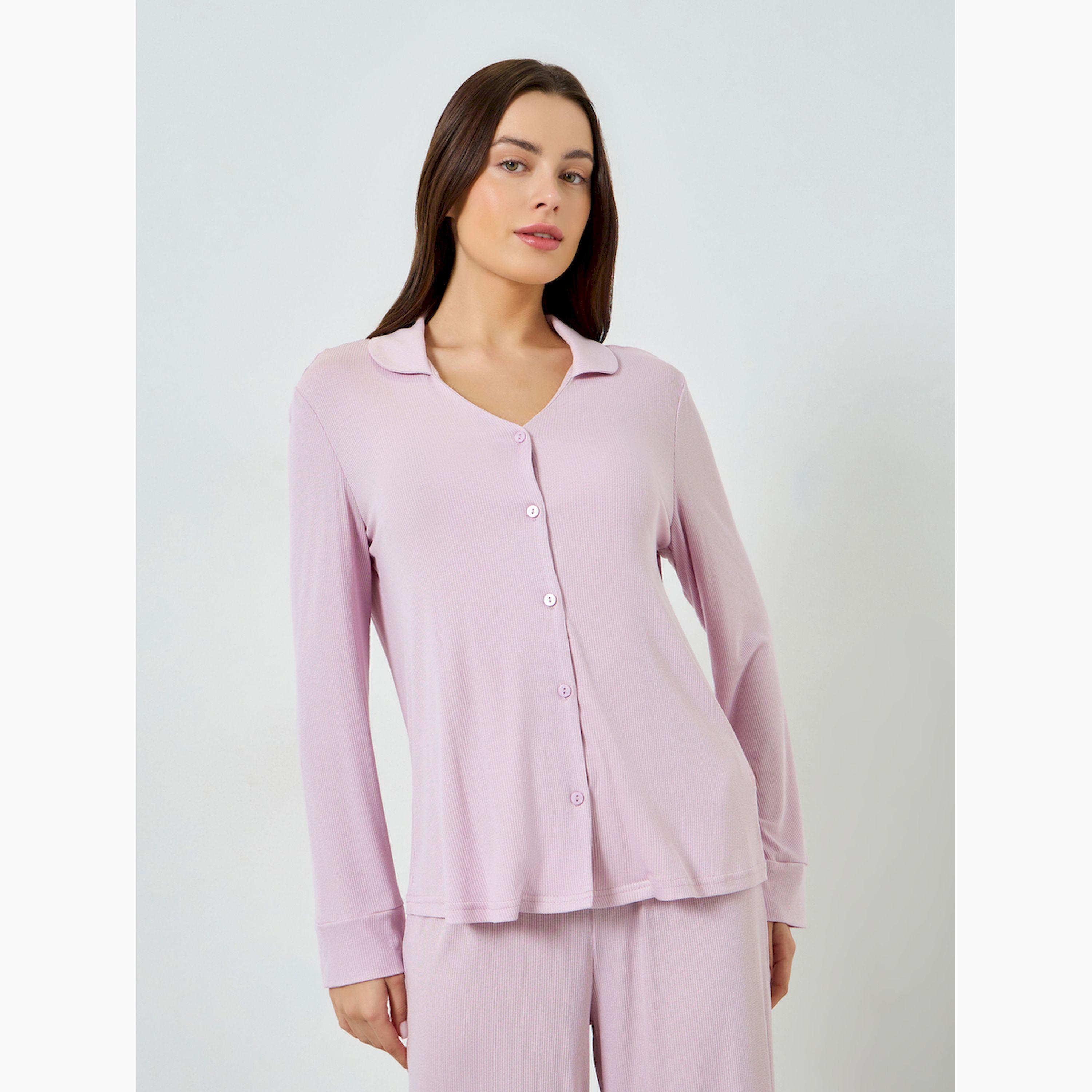 Styli Supersoft Viscose Open Collar Buttoned Shirt and Pyjama Set-women-clothing-nightwear-pyjamas-longsets-image-2