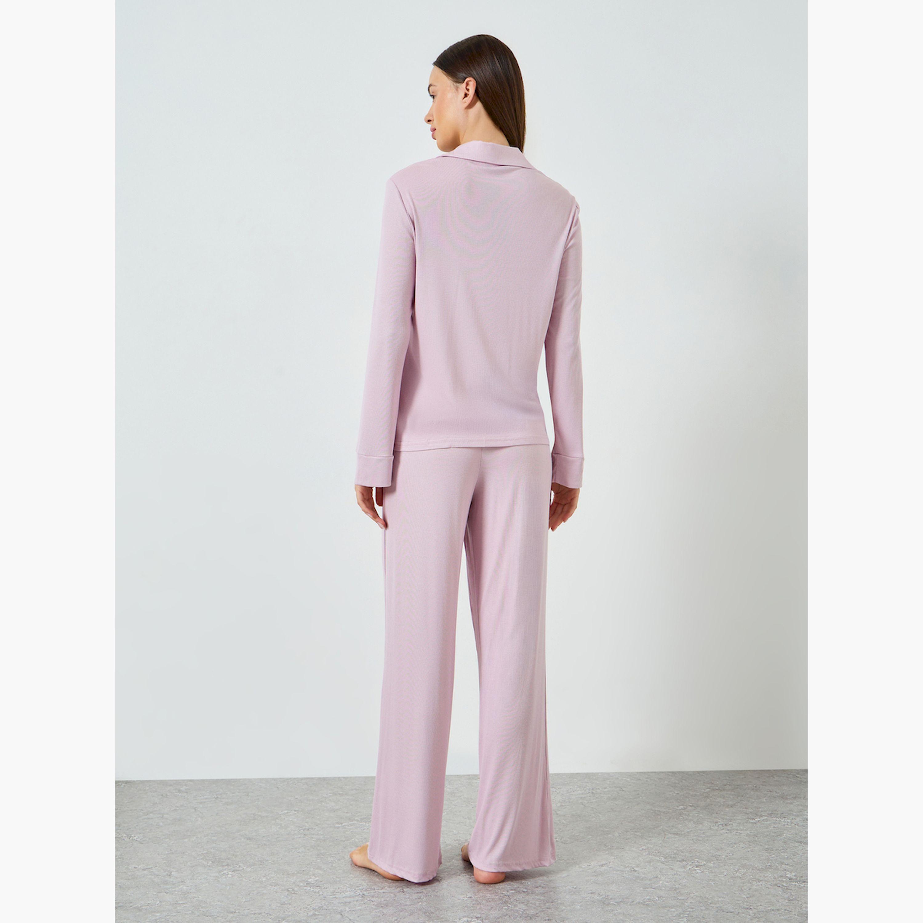 مجموعة من بيجاما وقميص بأزرار وياقة مفتوحة من فيسكوز ناعم-women-clothing-nightwear-pyjamas-longsets-image-3