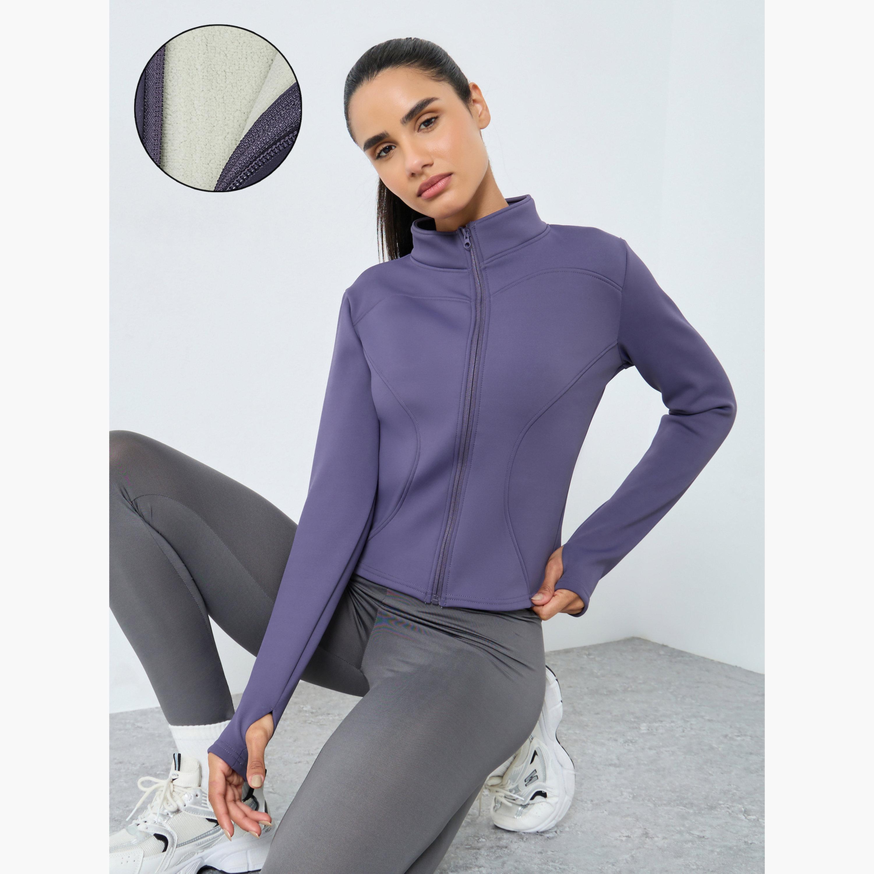 Styli Solid High Neck Long Sleeves Women's Zip Through Jacket-women-clothing-sportswearandactivewear-coatsandjackets-jackets-image-1