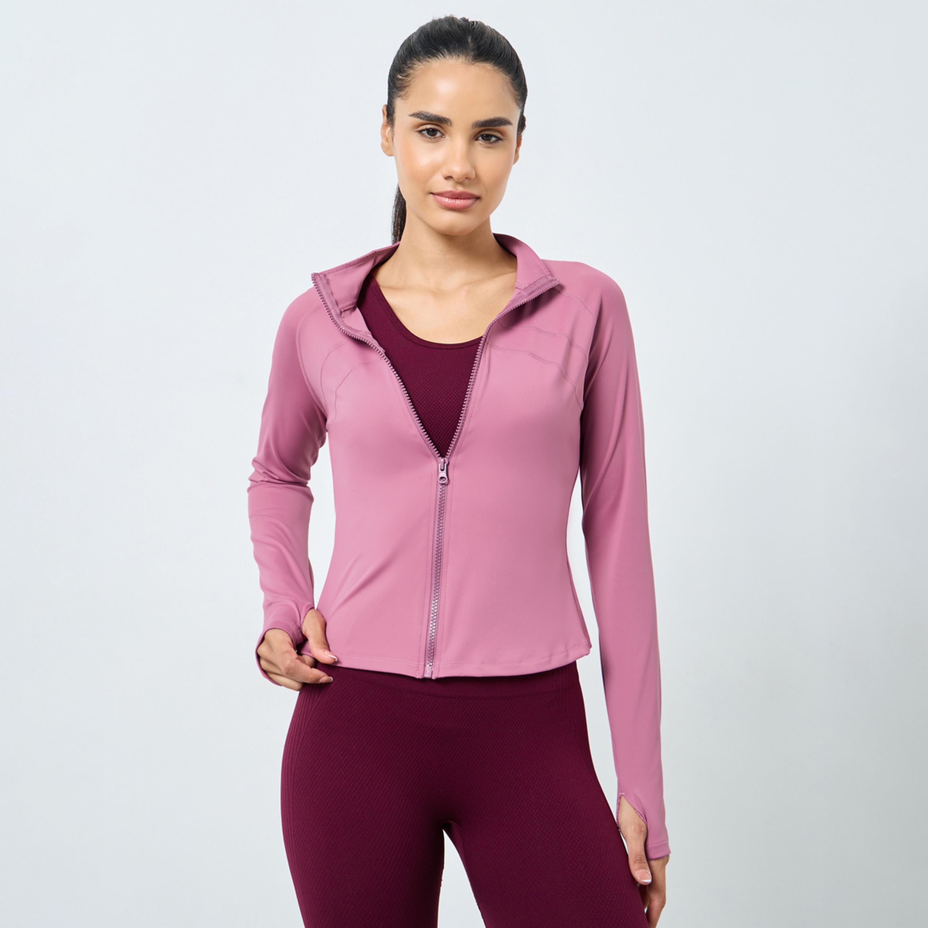 ستايلي - سترة بسحاب وتفاصيل فتحة الإبهام متعددة الغرز-women-clothing-sportswearandactivewear-coatsandjackets-jackets-image-1