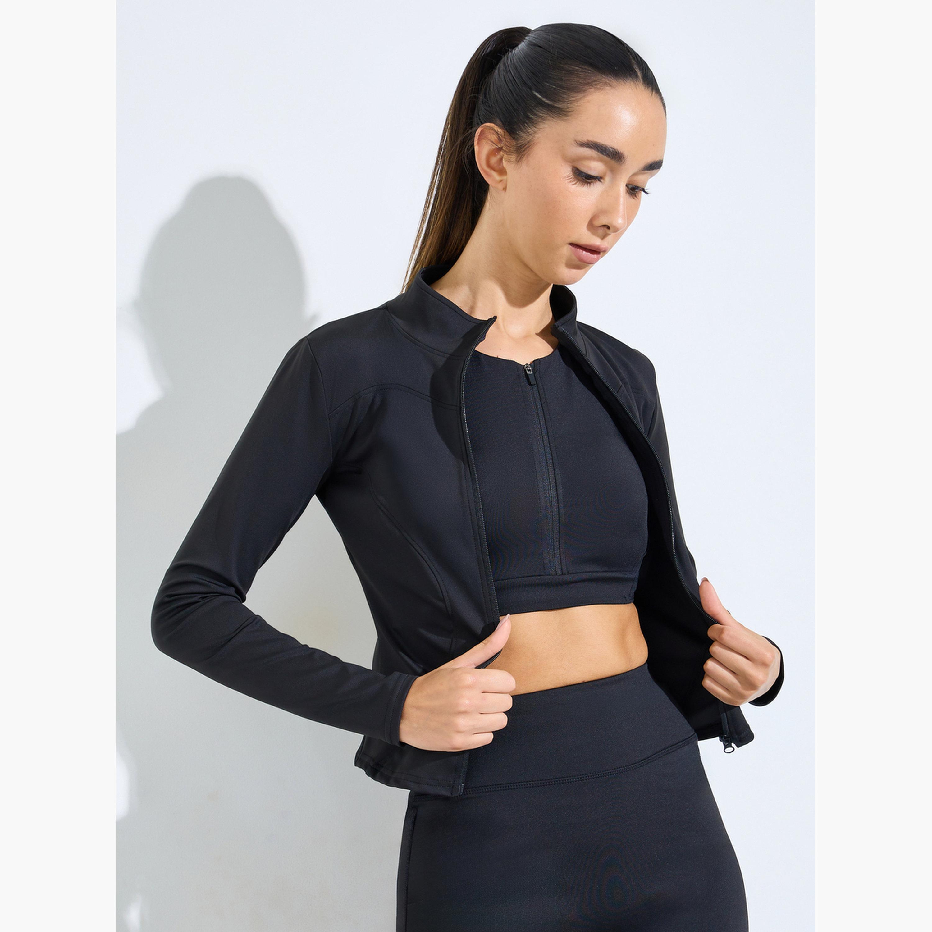 Styli Black Curved Seam Detail Zip Up Jacket-sports-women-clothing-coatsandjackets-jackets-image-3