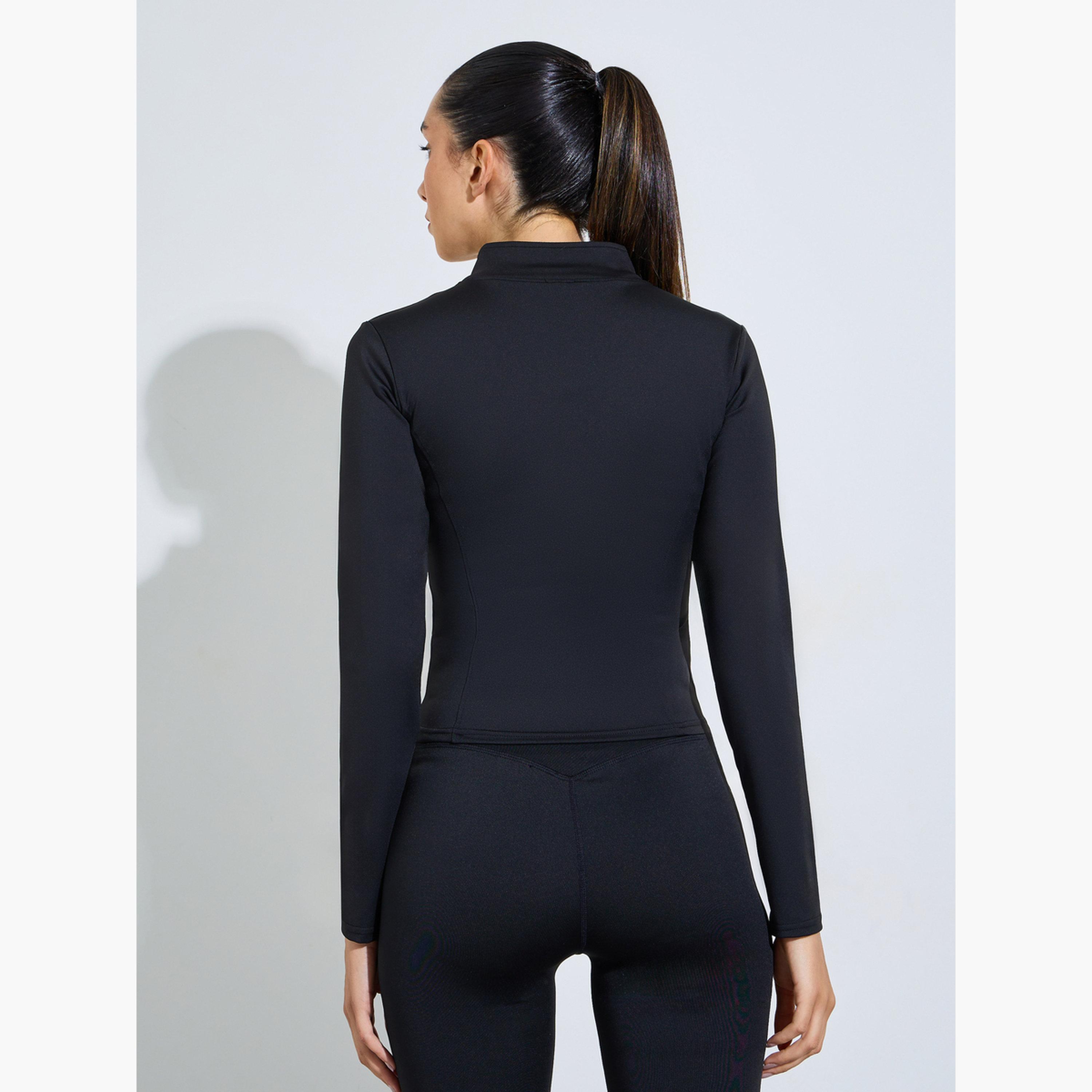 Styli Black Curved Seam Detail Zip Up Jacket-sports-women-clothing-coatsandjackets-jackets-image-4