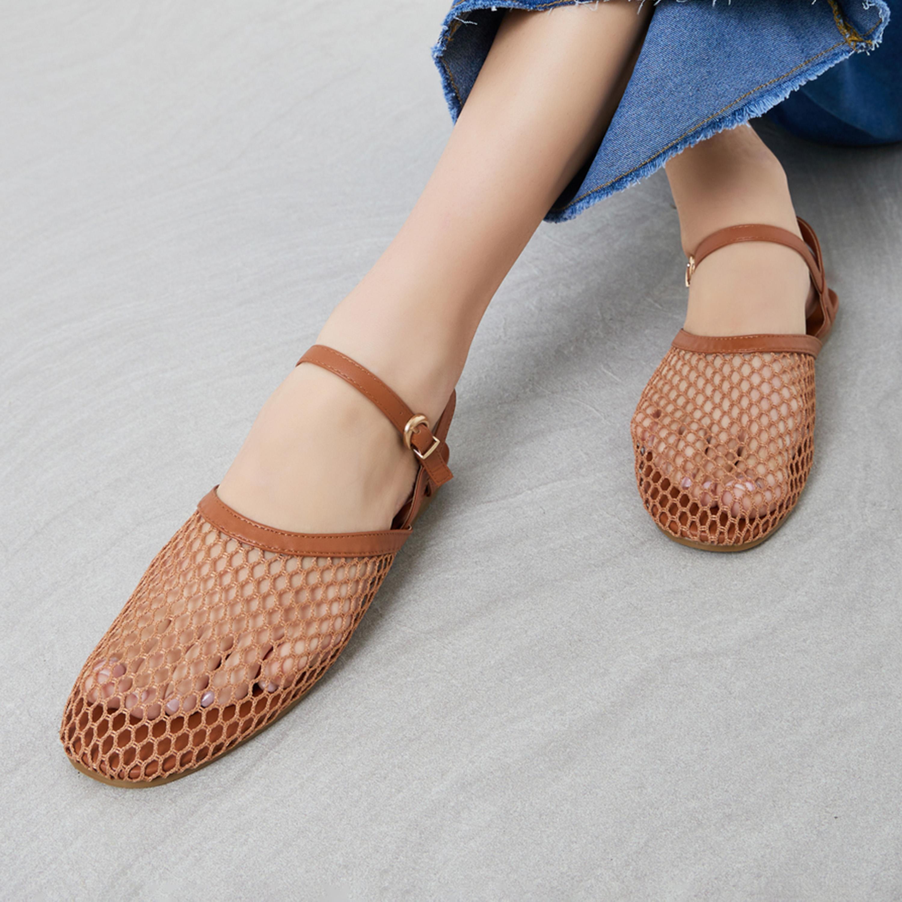Styli Women Brown Mesh Netting Ankle Strap Sandals-women-shoes-sandals-flats-image-2