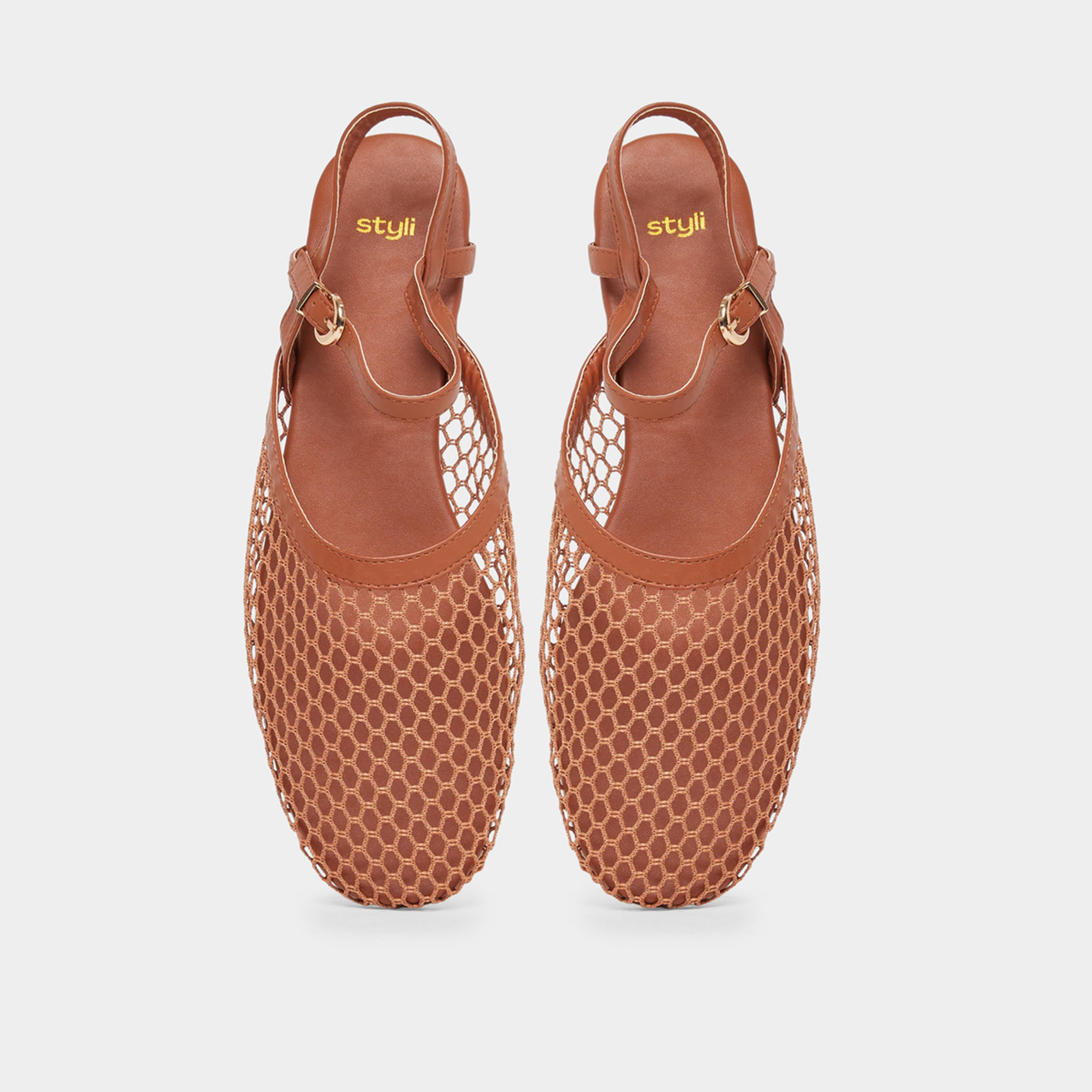 Styli Women Brown Mesh Netting Ankle Strap Sandals-women-shoes-sandals-flats-image-6
