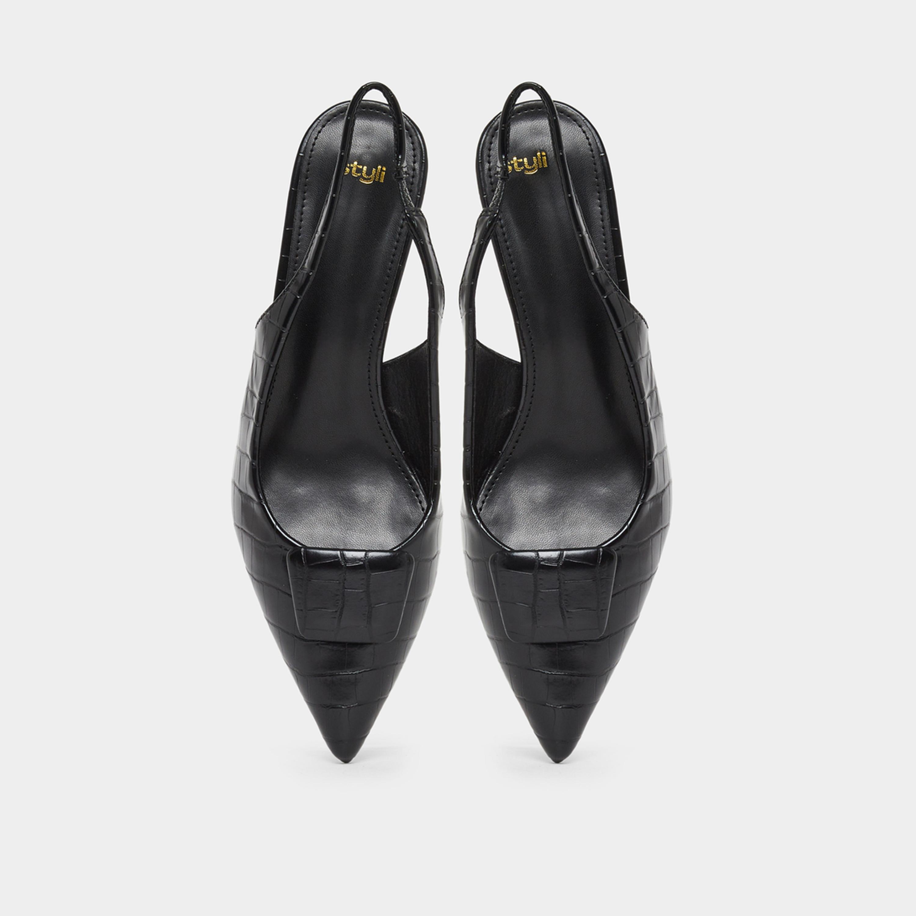 ستايلي - حذاء بكعب مفتوح من الخلف ذو ملمس أسود للنساء-women-shoes-sandals-heeled-image-6