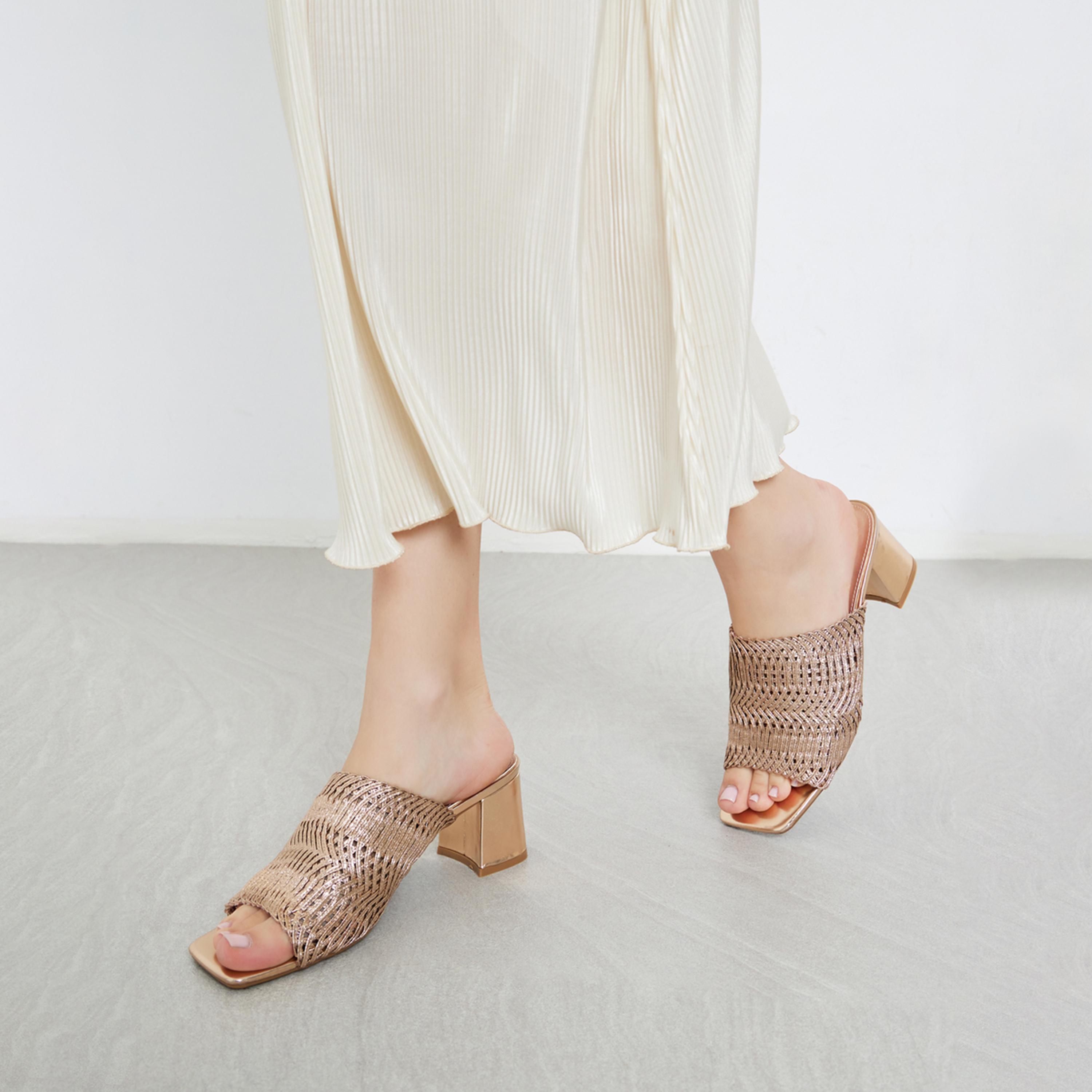 Styli Women Gold Weave Strap Block Heel Sandals-women-shoes-sandals-heeled-image-2
