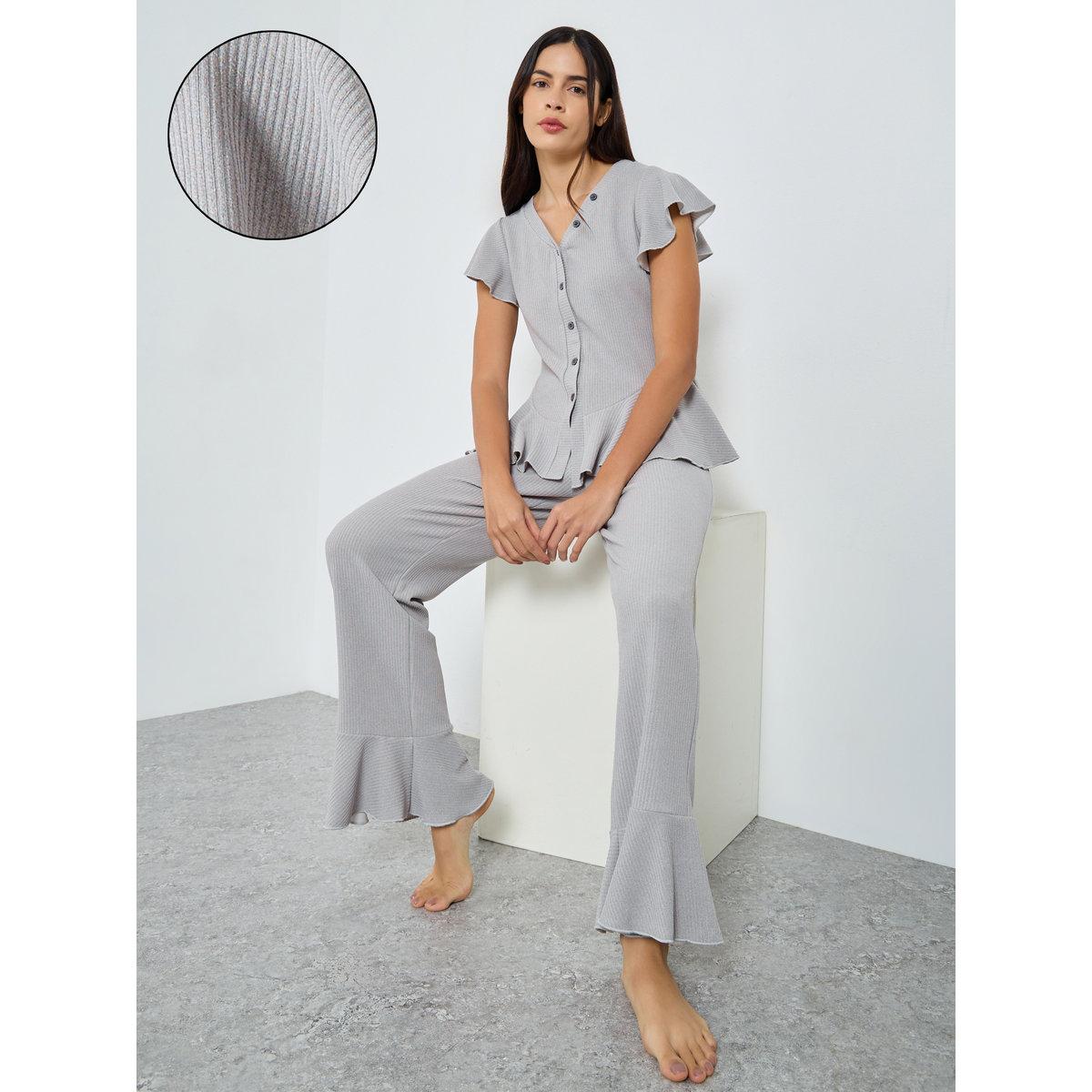 Styli Rib Button Through Peplum Shirt and Pyjama Set-women-clothing-nightwear-pyjamas-longsets-image-1