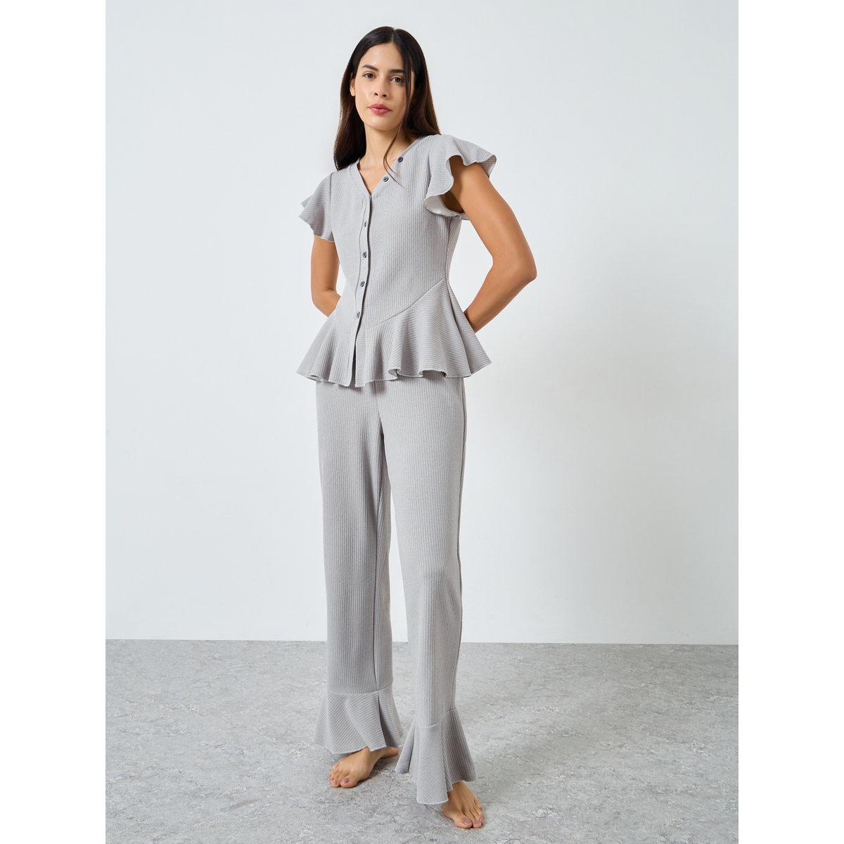 Styli Rib Button Through Peplum Shirt and Pyjama Set-women-clothing-nightwear-pyjamas-longsets-image-2