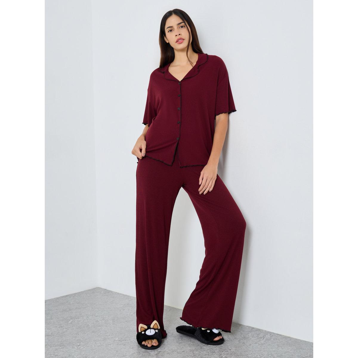 Styli Supersoft Ribbed Lettuce Hem Shirt and Pyjama Set-women-clothing-nightwear-pyjamas-longsets-image-1