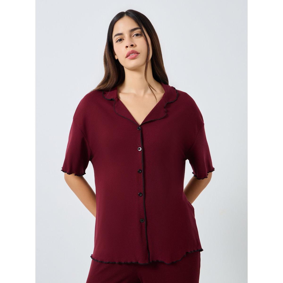طقم بلوزة مضلعة بحافة متموجة مع بنطال-women-clothing-nightwear-pyjamas-longsets-image-2