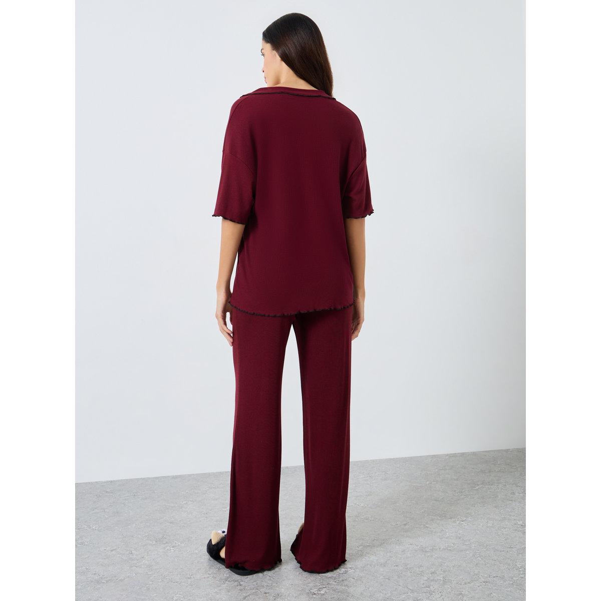 Styli Supersoft Ribbed Lettuce Hem Shirt and Pyjama Set-women-clothing-nightwear-pyjamas-longsets-image-5