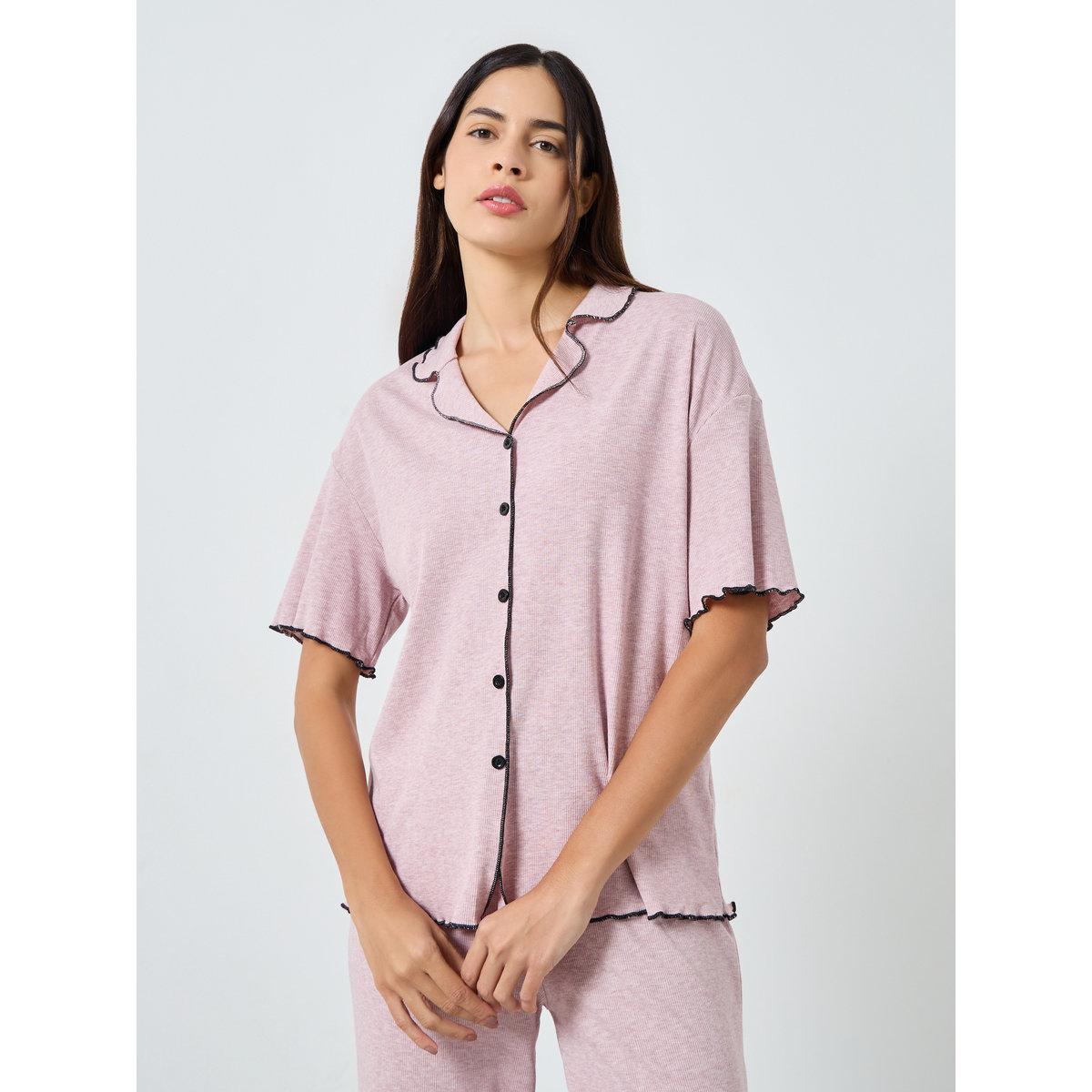 طقم بلوزة مضلعة بحافة متموجة مع بنطال-women-clothing-nightwear-pyjamas-longsets-image-2