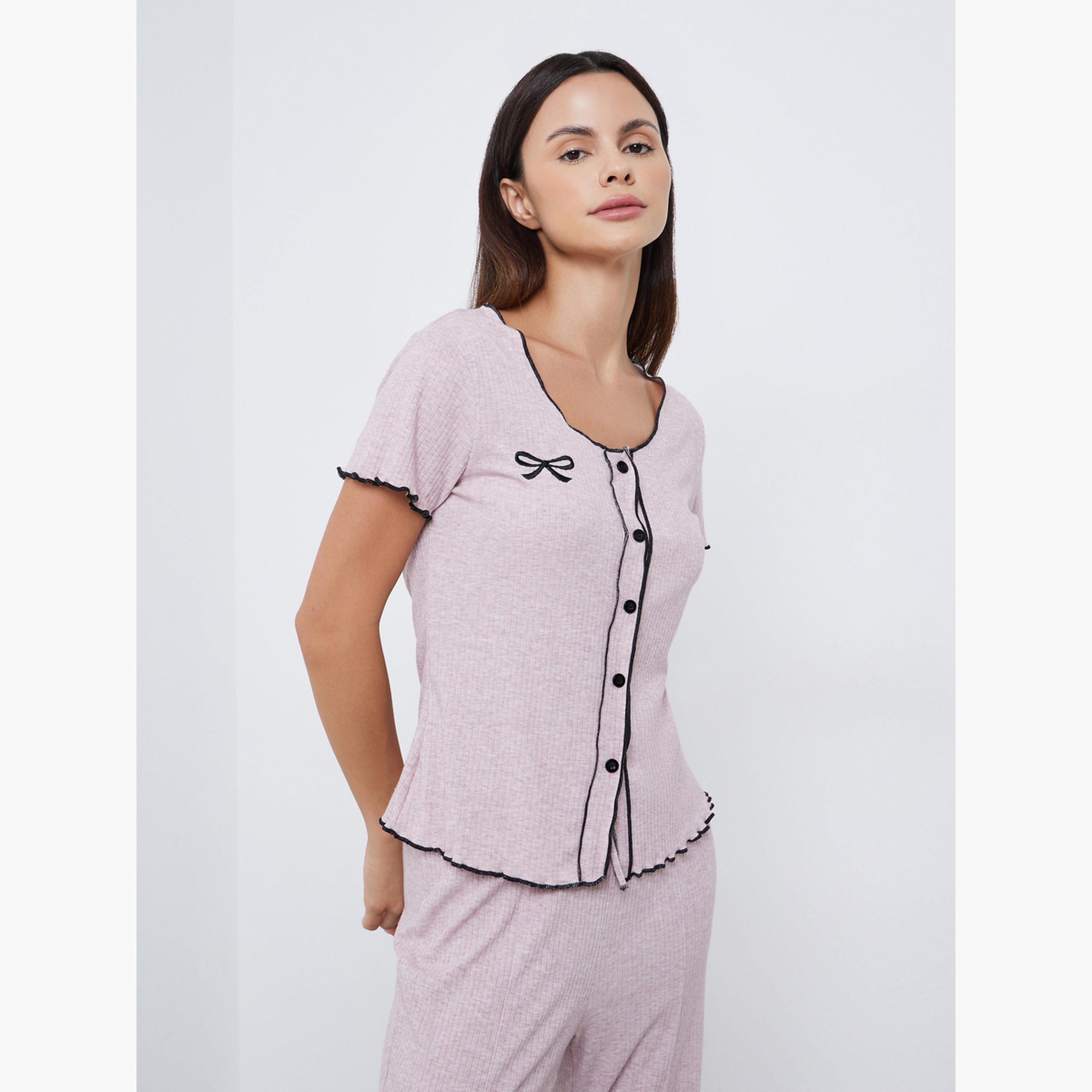 ستايلي - بيجاما مكون من قميص مطرز بفيونكة وخياطة متباينة وفتحة جانبية-women-clothing-nightwear-pyjamas-longsets-image-2