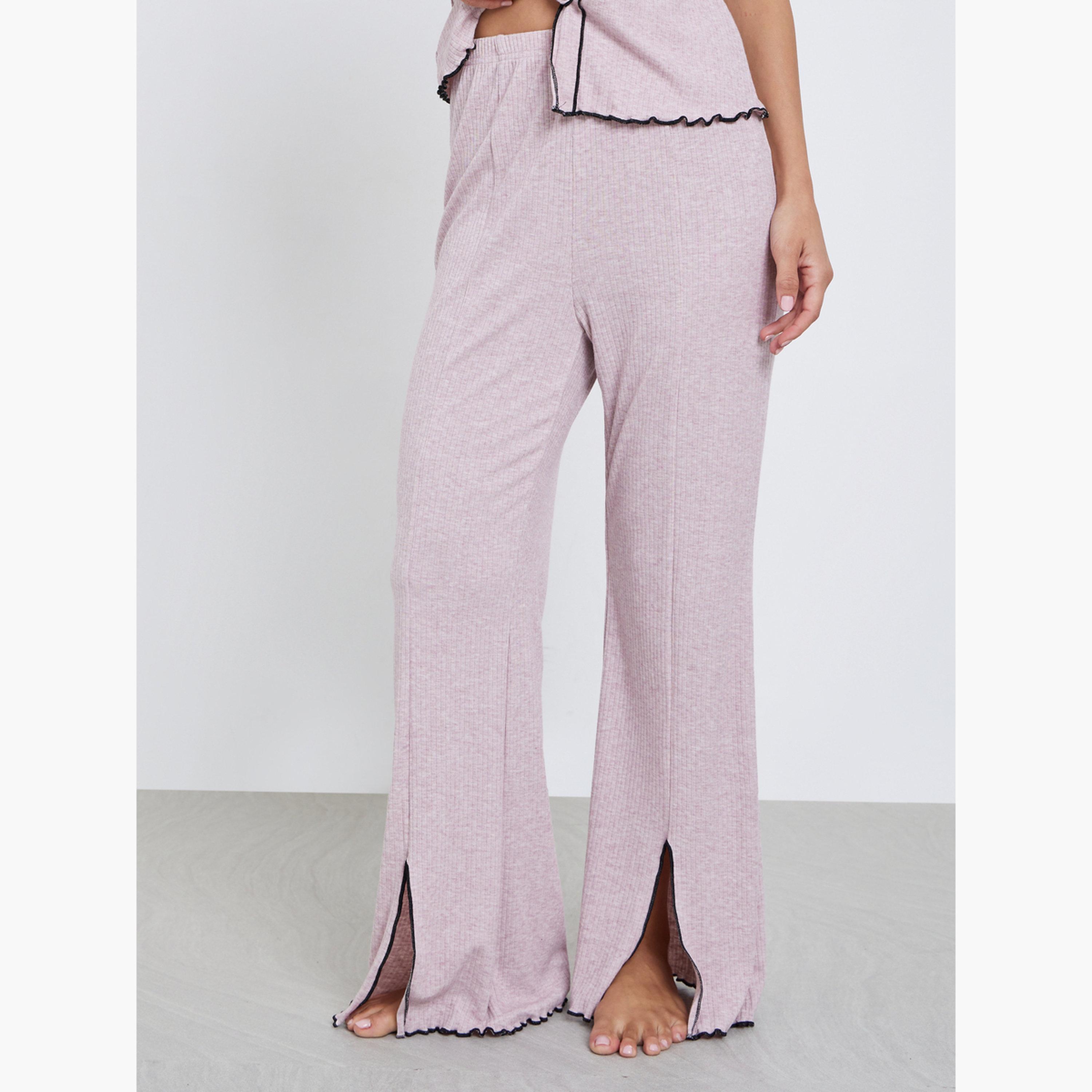 ستايلي - بيجاما مكون من قميص مطرز بفيونكة وخياطة متباينة وفتحة جانبية-women-clothing-nightwear-pyjamas-longsets-image-3