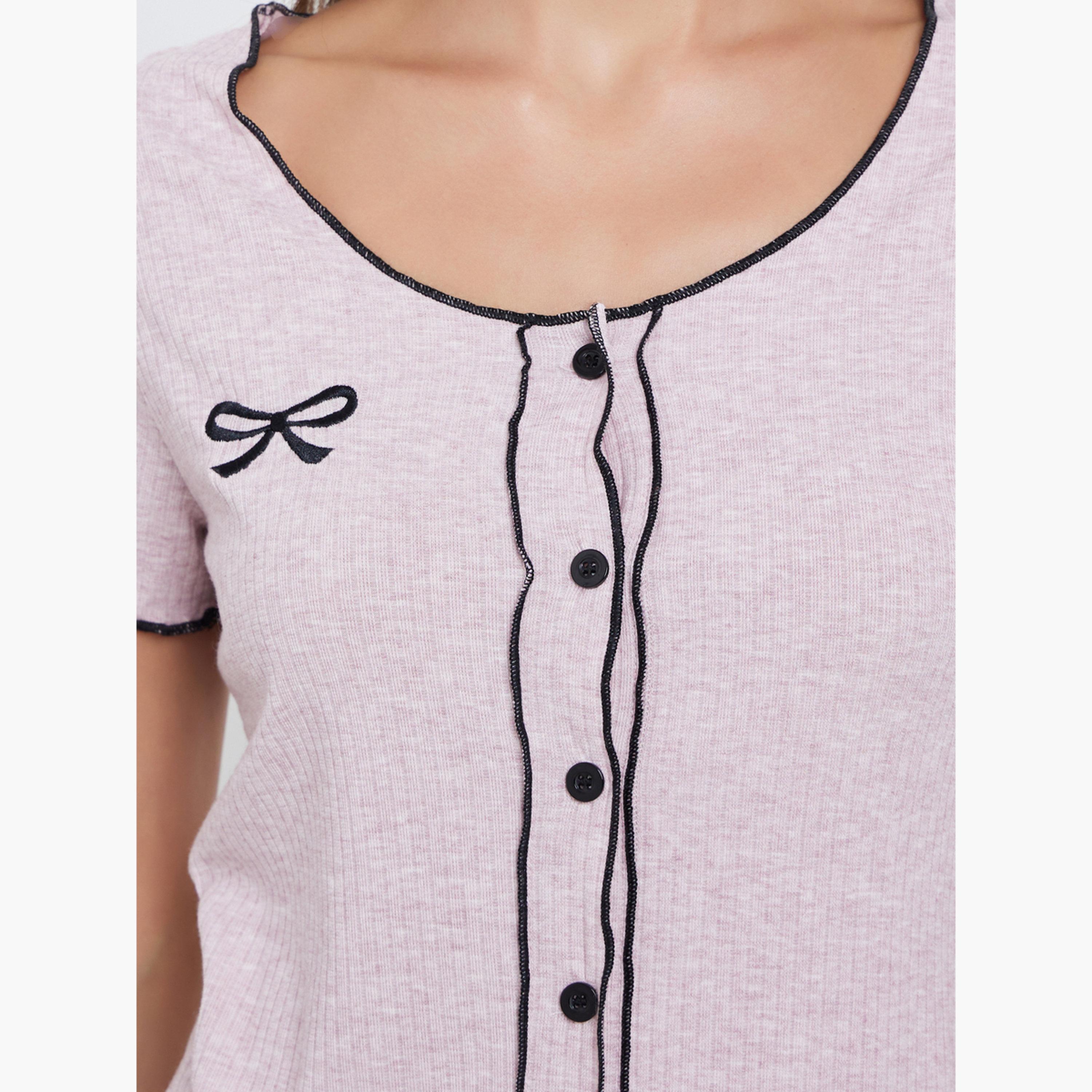 ستايلي - بيجاما مكون من قميص مطرز بفيونكة وخياطة متباينة وفتحة جانبية-women-clothing-nightwear-pyjamas-longsets-image-5