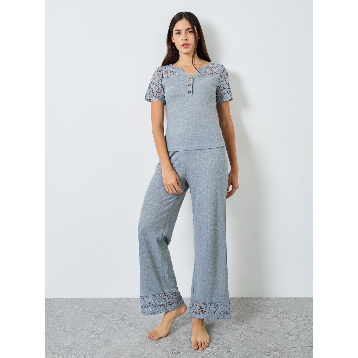 Styli Crochet Lace Sleeve Rib Placket T-Shirt and Pyjama Set-women-clothing-nightwear-pyjamas-longsets-image-1