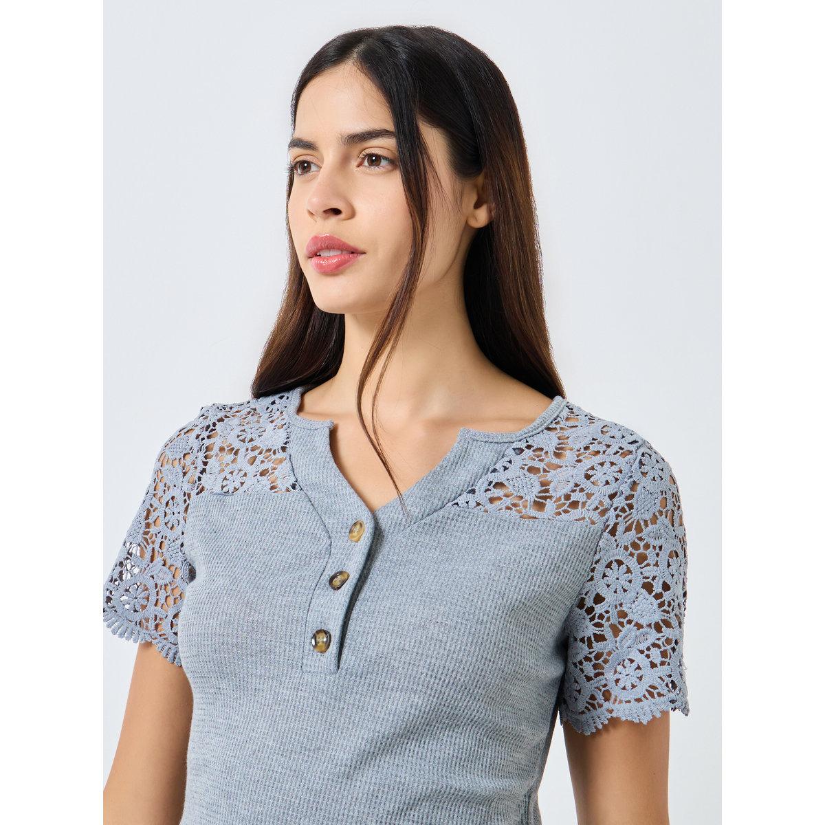 Styli Crochet Lace Sleeve Rib Placket T-Shirt and Pyjama Set-women-clothing-nightwear-pyjamas-longsets-image-3