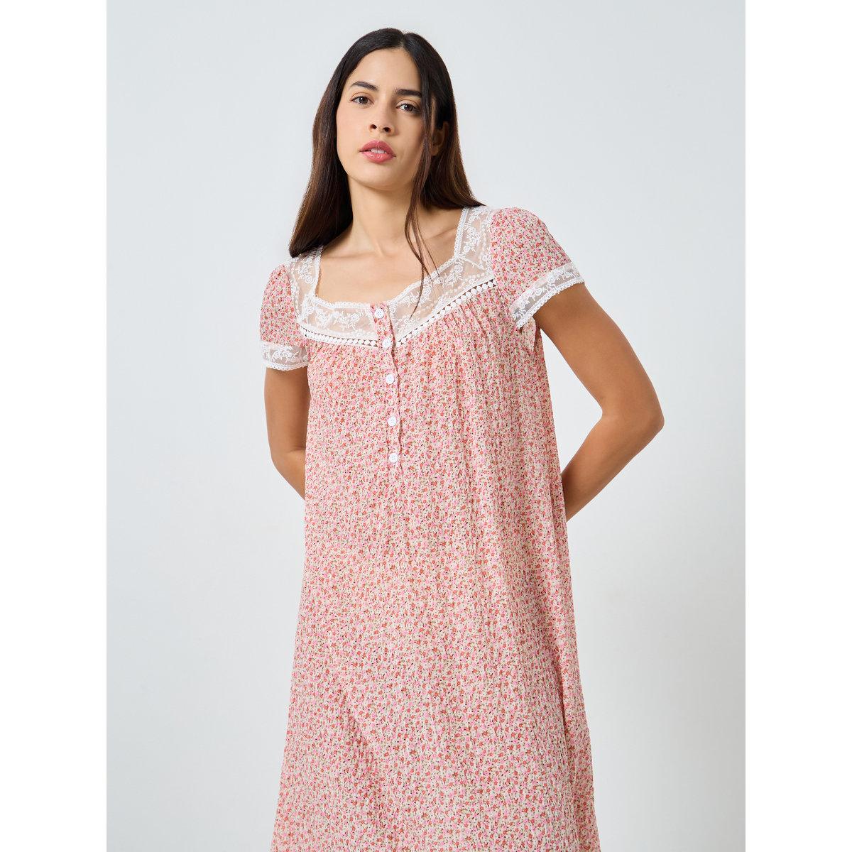 Styli Ditsy Floral Lace Trim Placket Nightdress-women-clothing-nightwear-nighties-image-1