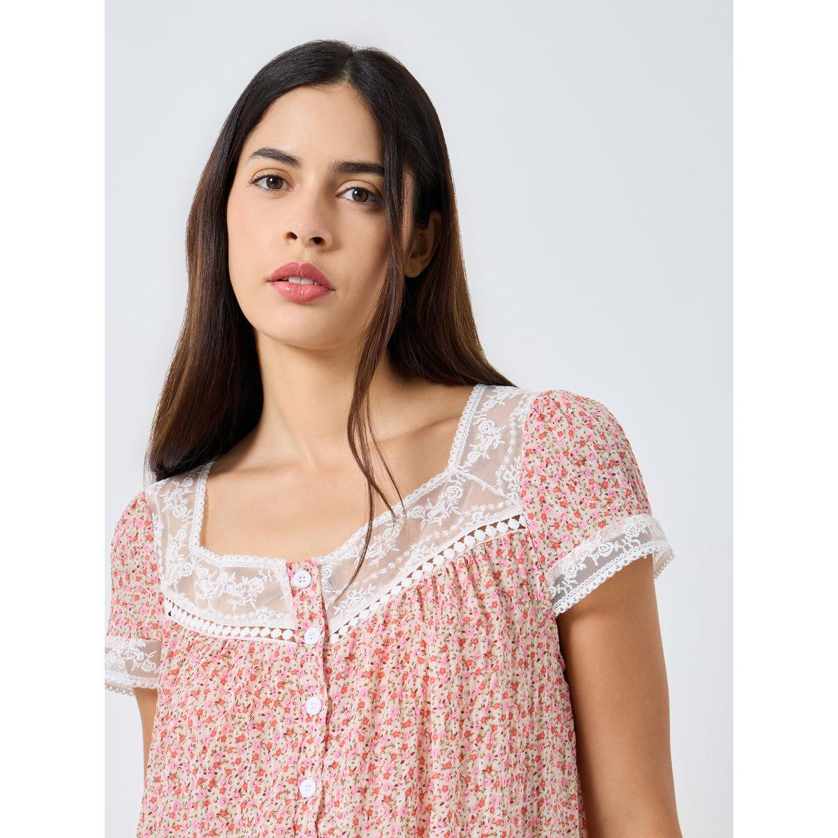 Styli Ditsy Floral Lace Trim Placket Nightdress-women-clothing-nightwear-nighties-image-3