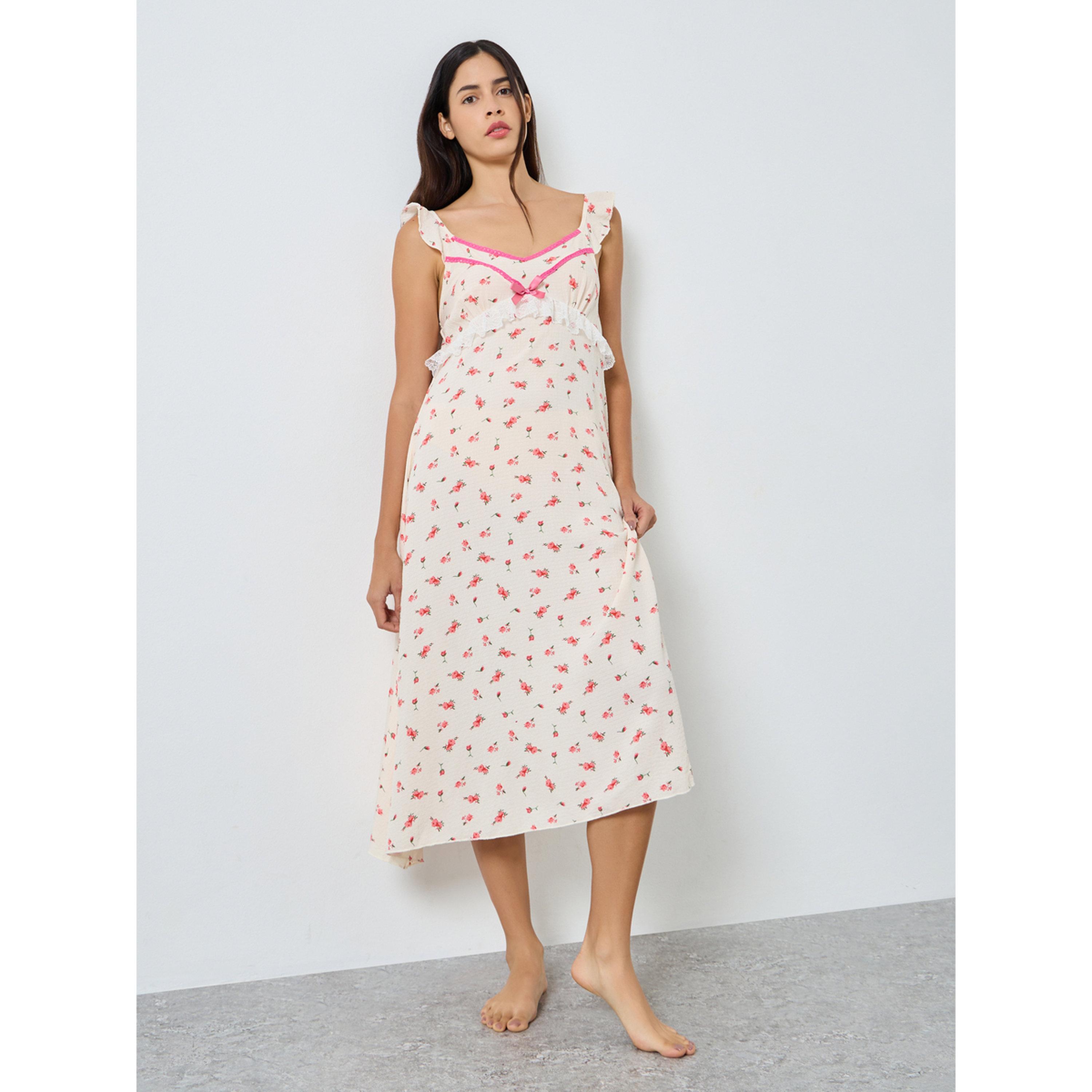 قميص نوم قصير بأكمام مكشكشة وتفاصيل دانتيل وطبعة زهور-women-clothing-nightwear-nighties-image-1