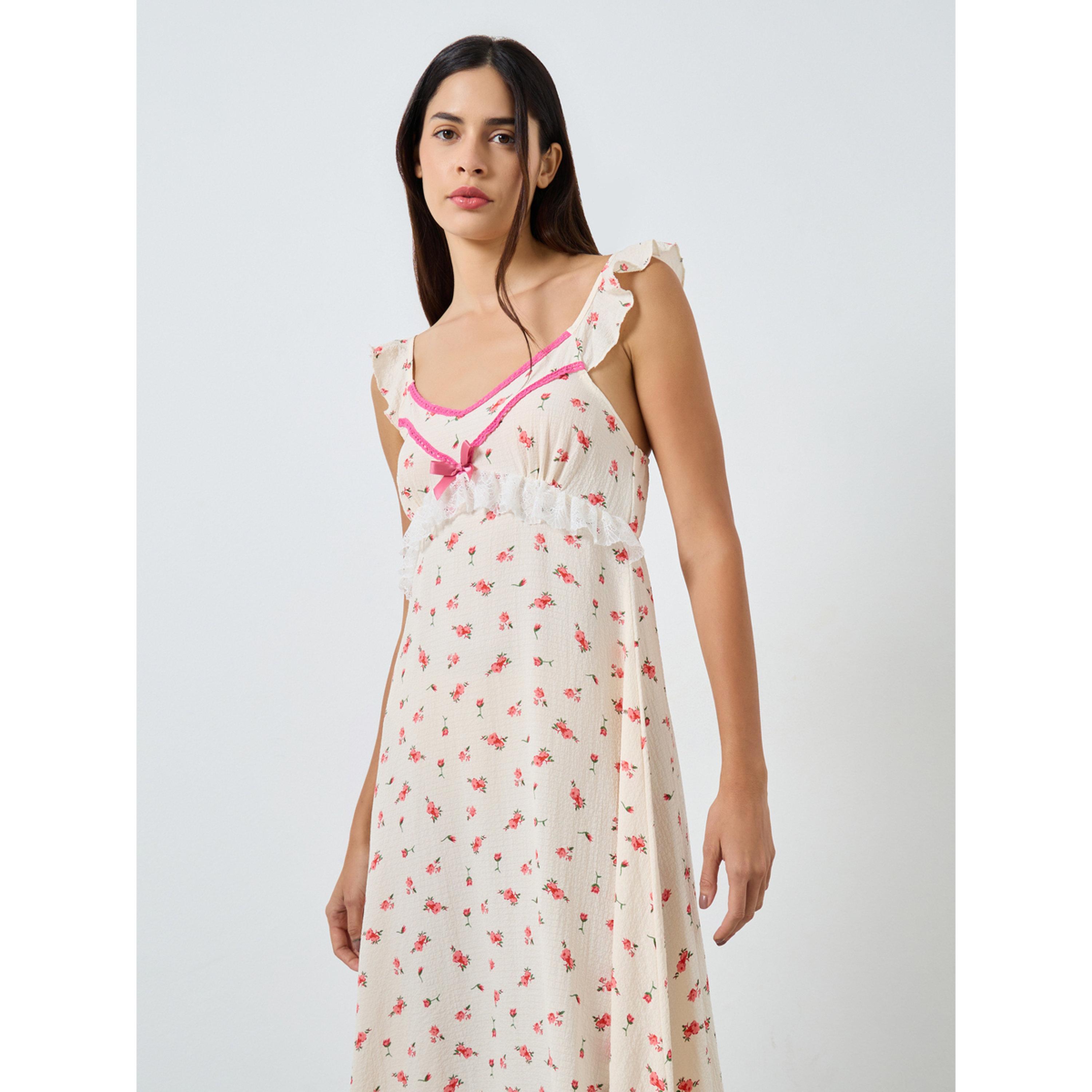 قميص نوم قصير بأكمام مكشكشة وتفاصيل دانتيل وطبعة زهور-women-clothing-nightwear-nighties-image-2