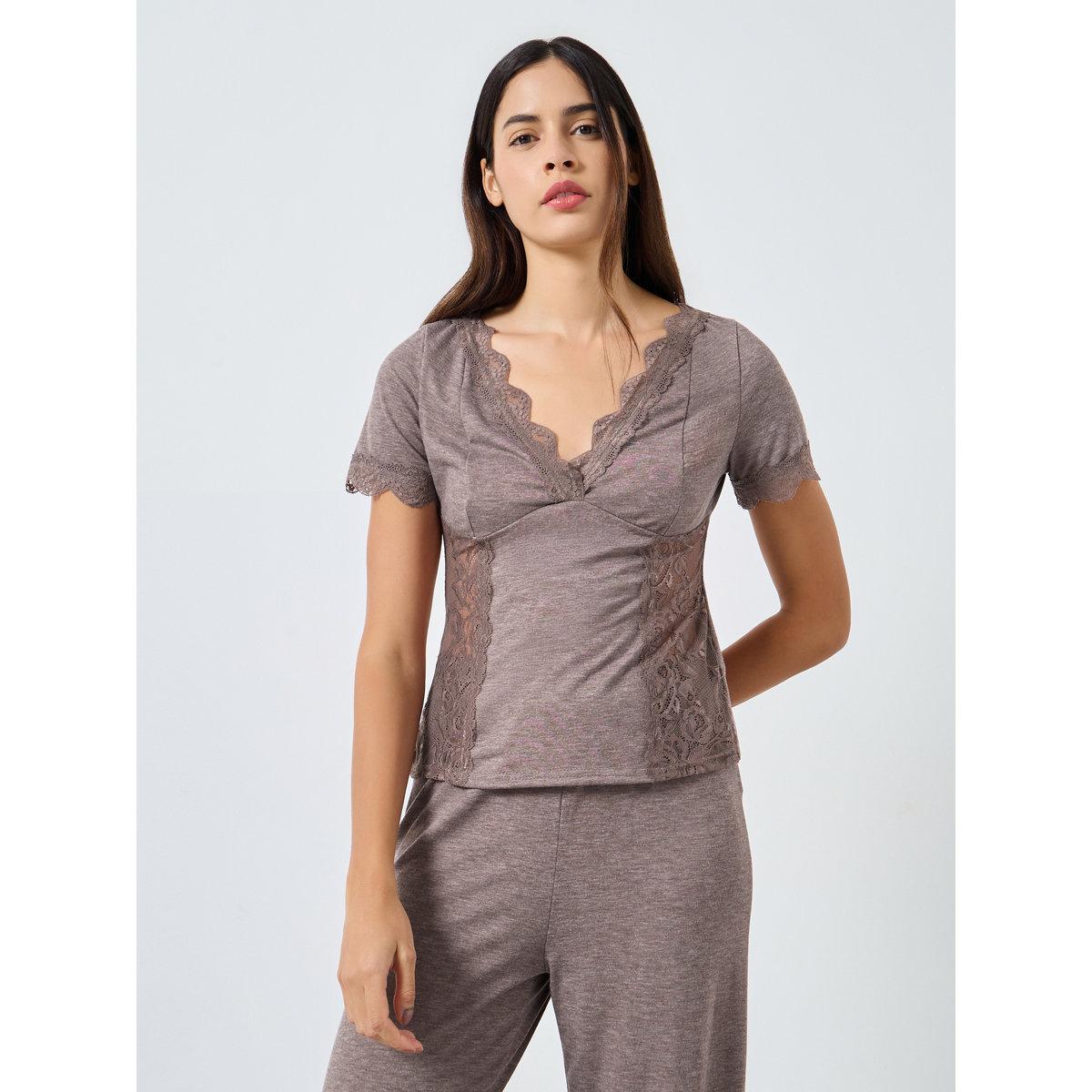 Styli Lace Trim V Neck Top and Pyjama Set-women-clothing-nightwear-pyjamas-longsets-image-2