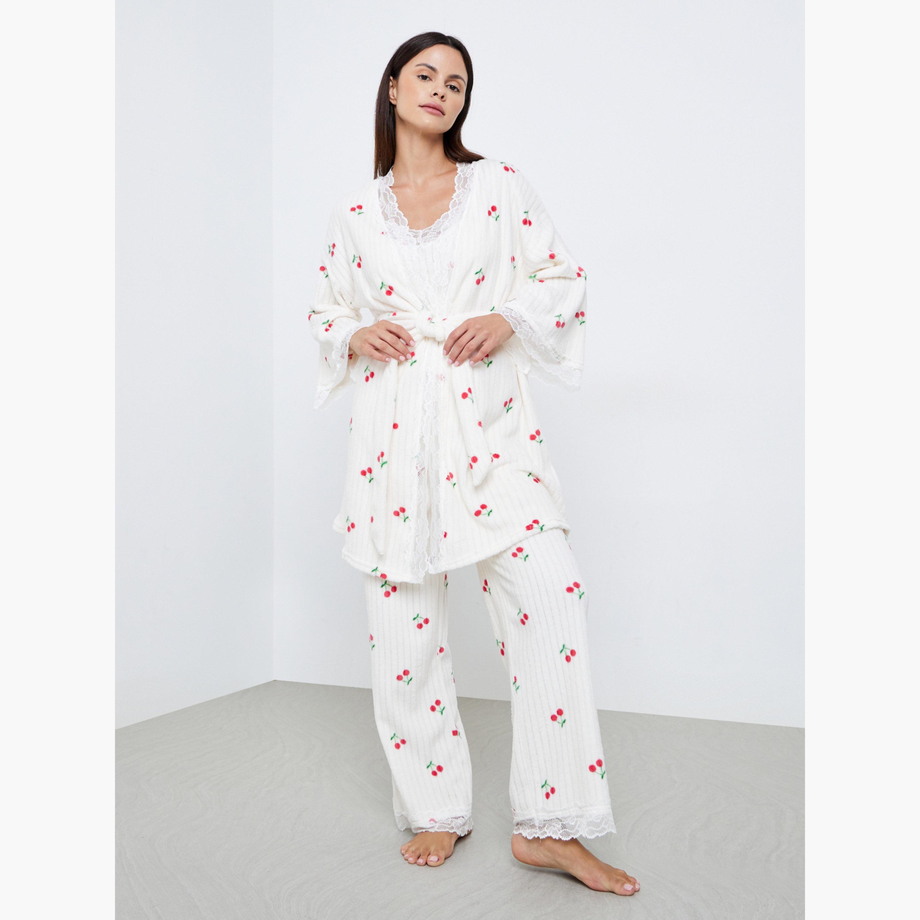 ستايلي - طقم 3 قطع - بيجاما قميص داخلي صوف فليس بطبعة الكرز وحواف من الدانتيل وروب-women-clothing-nightwear-pyjamas-longsets-image-2