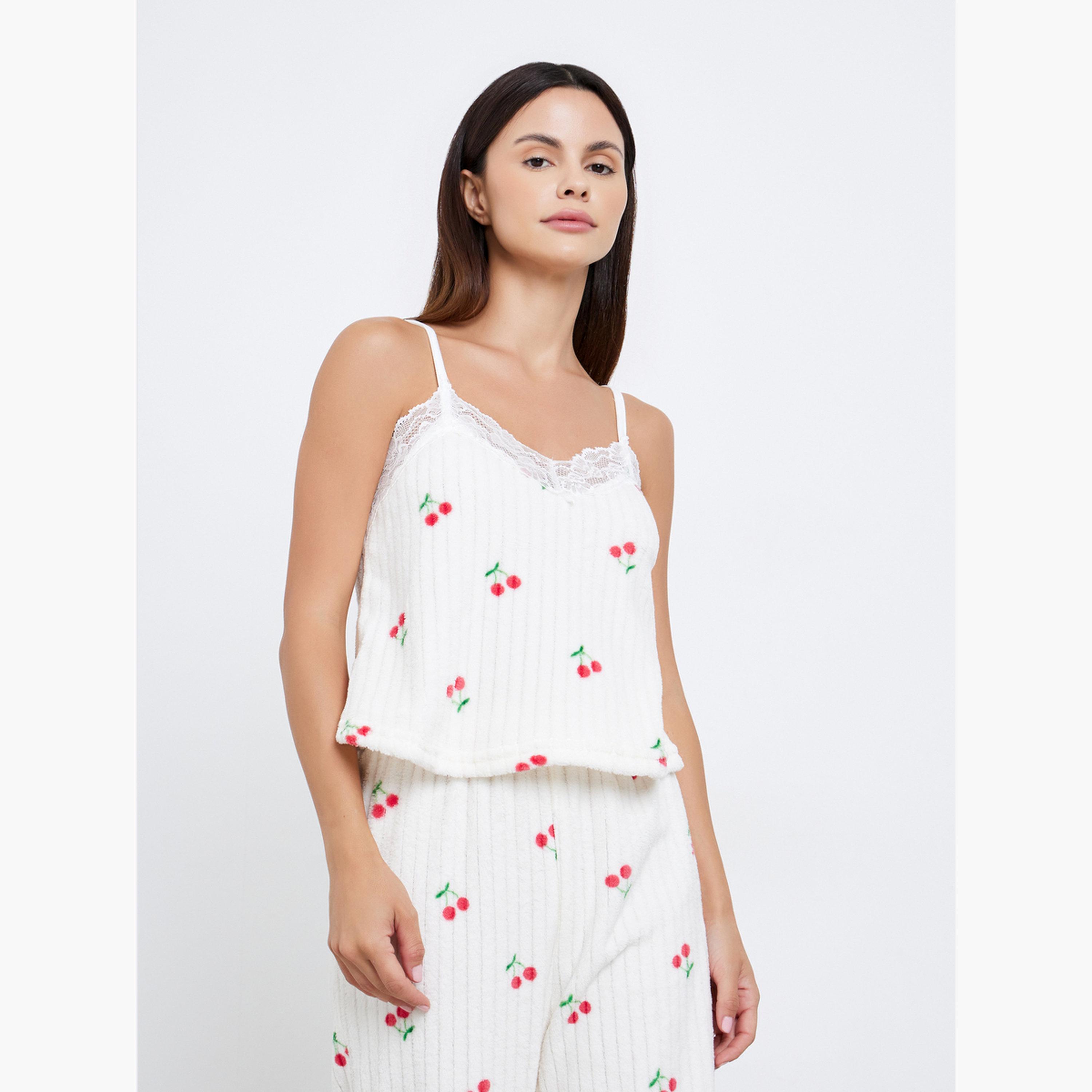 ستايلي - طقم 3 قطع - بيجاما قميص داخلي صوف فليس بطبعة الكرز وحواف من الدانتيل وروب-women-clothing-nightwear-pyjamas-longsets-image-3