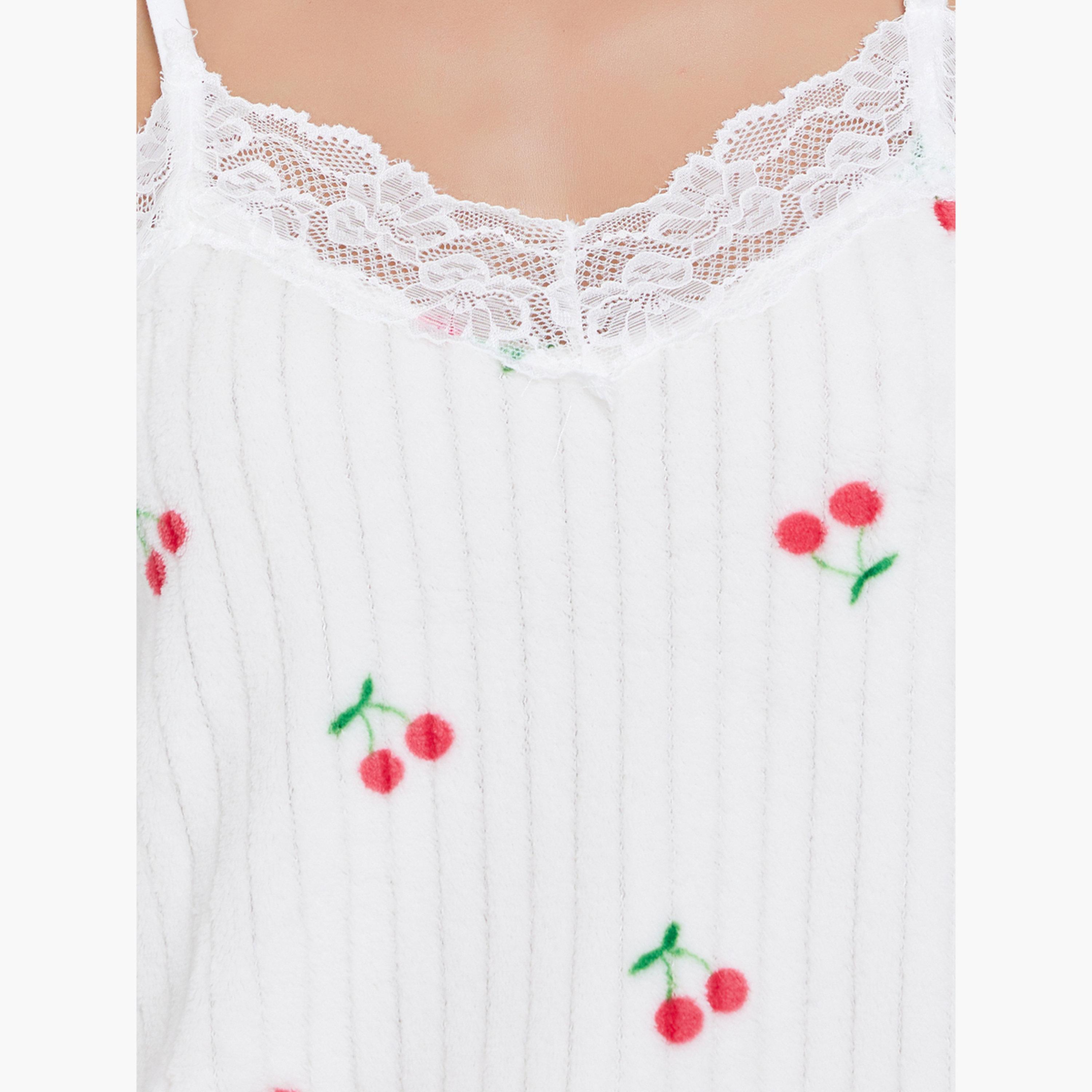 ستايلي - طقم 3 قطع - بيجاما قميص داخلي صوف فليس بطبعة الكرز وحواف من الدانتيل وروب-women-clothing-nightwear-pyjamas-longsets-image-4