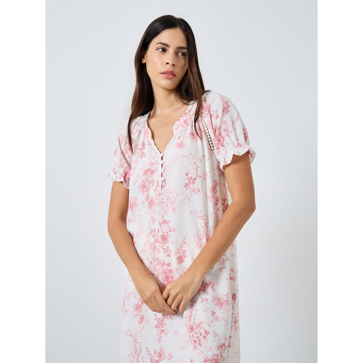 Styli Floral Ruffle Sleeve Placket Detail Nightdress-women-clothing-nightwear-nighties-image-2
