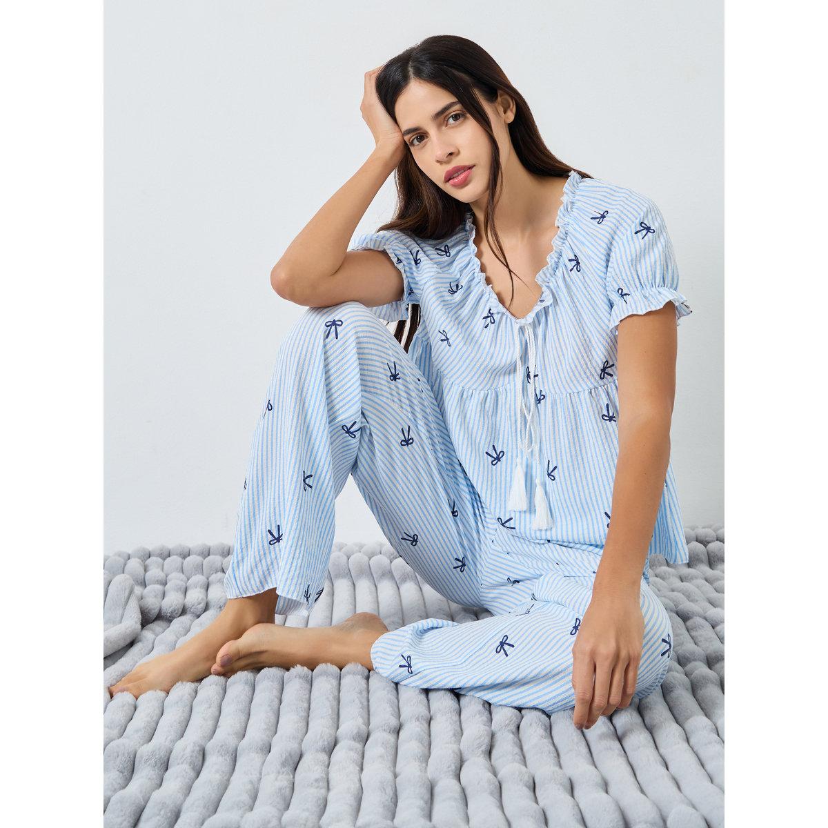 Styli Bow Stripe Print Gathered Ruffle Top and Pyjama Set-women-clothing-nightwear-pyjamas-longsets-image-1
