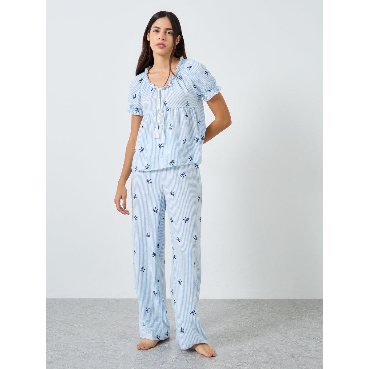 Styli Bow Stripe Print Gathered Ruffle Top and Pyjama Set-women-clothing-nightwear-pyjamas-longsets-image-2