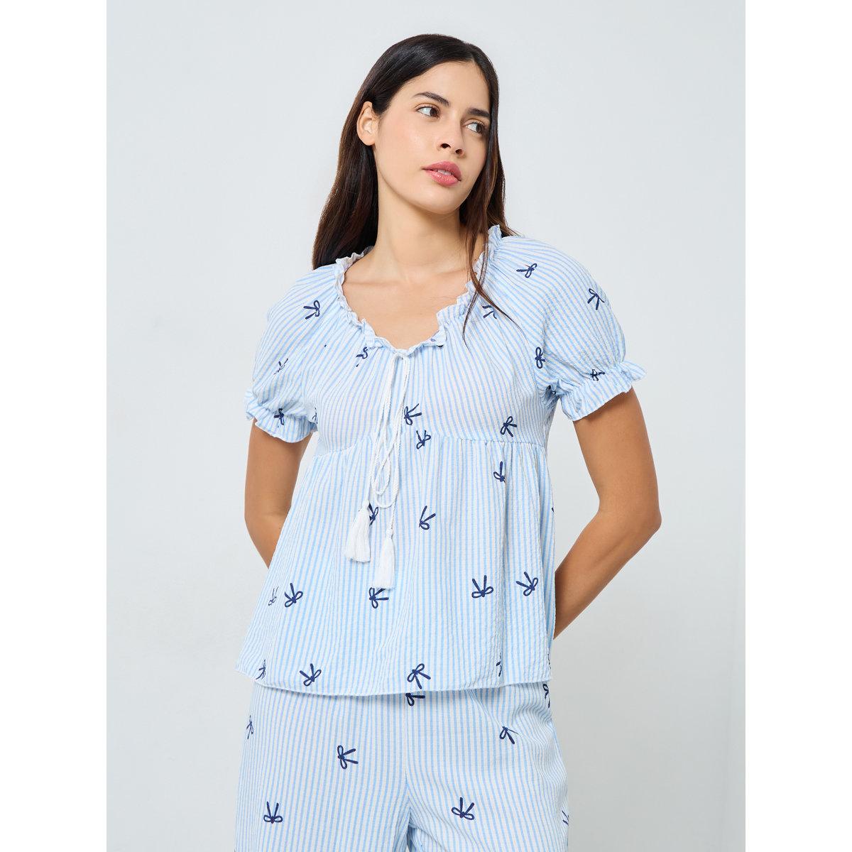 Styli Bow Stripe Print Gathered Ruffle Top and Pyjama Set-women-clothing-nightwear-pyjamas-longsets-image-3
