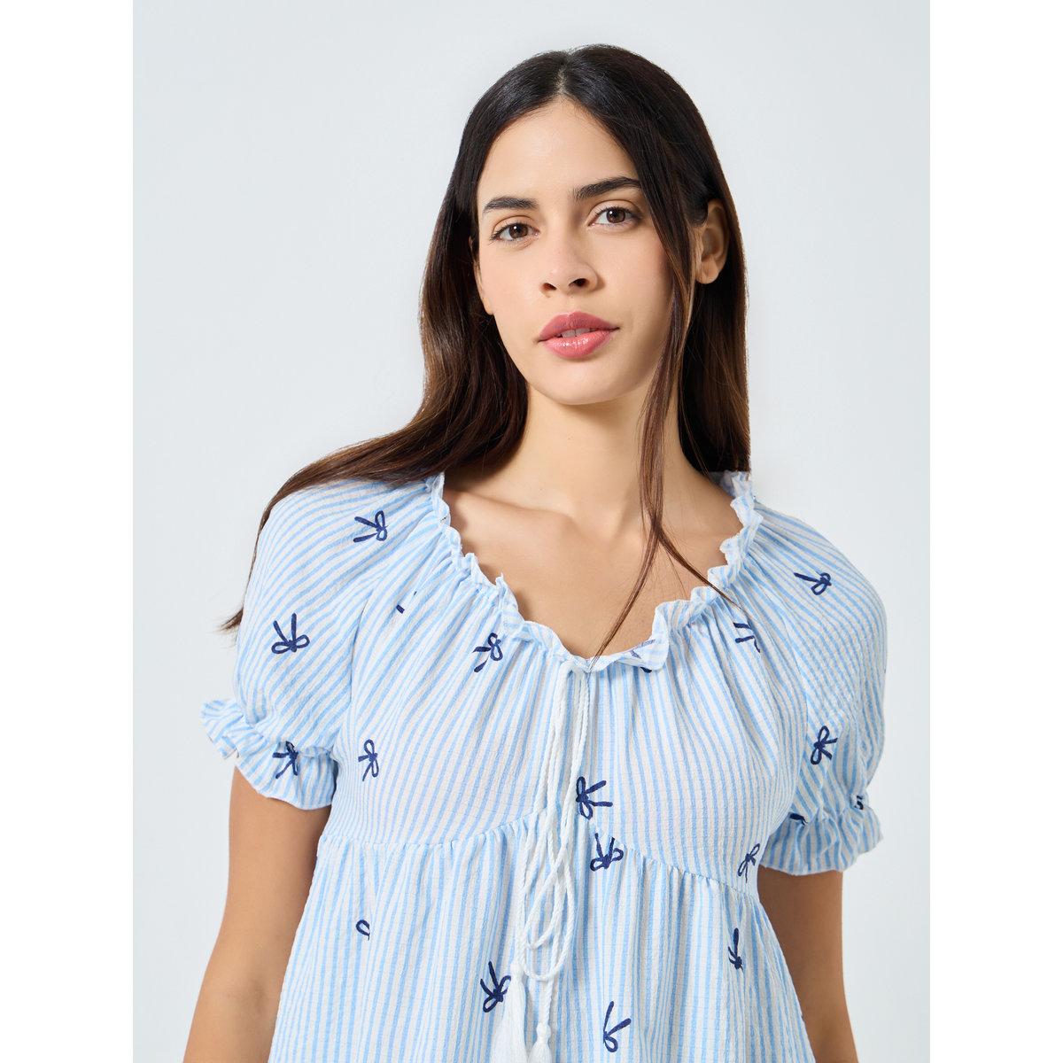 Styli Bow Stripe Print Gathered Ruffle Top and Pyjama Set-women-clothing-nightwear-pyjamas-longsets-image-4