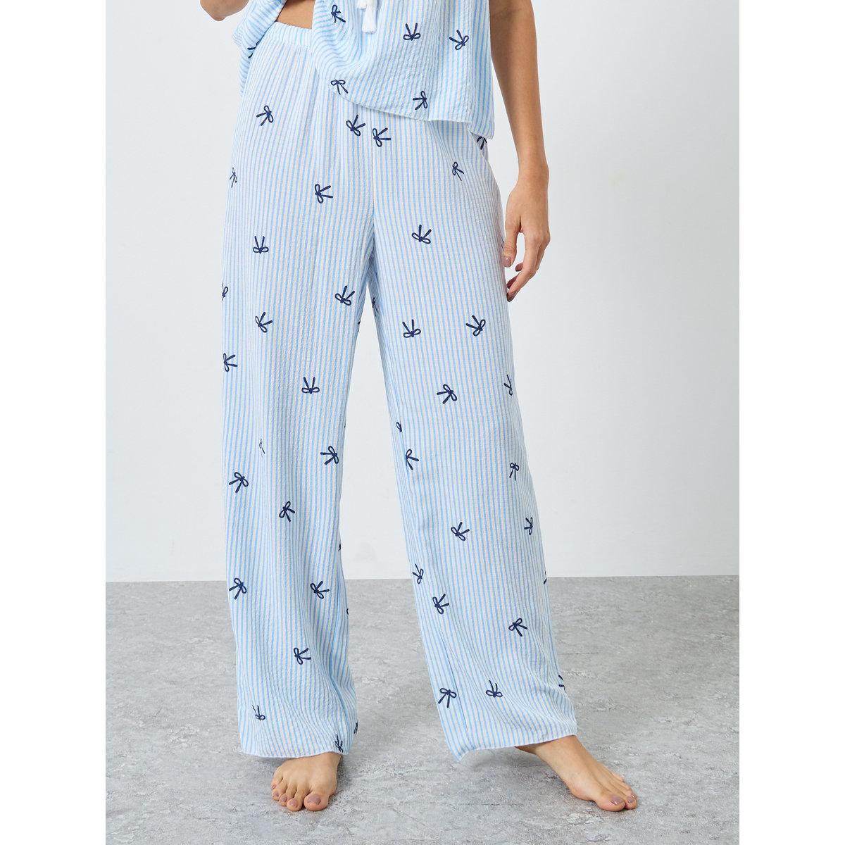 Styli Bow Stripe Print Gathered Ruffle Top and Pyjama Set-women-clothing-nightwear-pyjamas-longsets-image-5