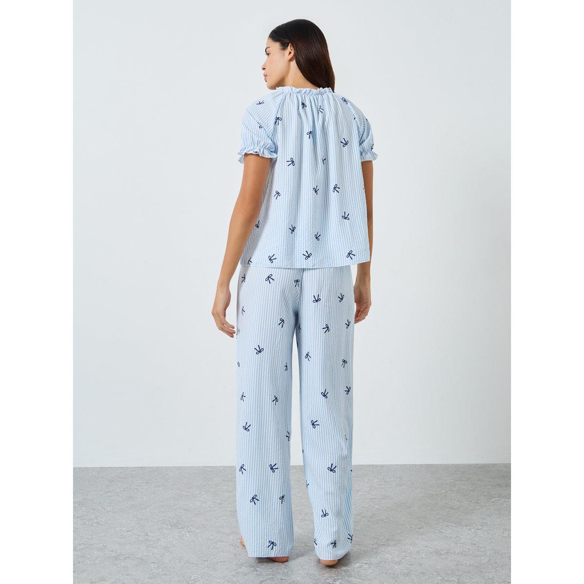 Styli Bow Stripe Print Gathered Ruffle Top and Pyjama Set-women-clothing-nightwear-pyjamas-longsets-image-6