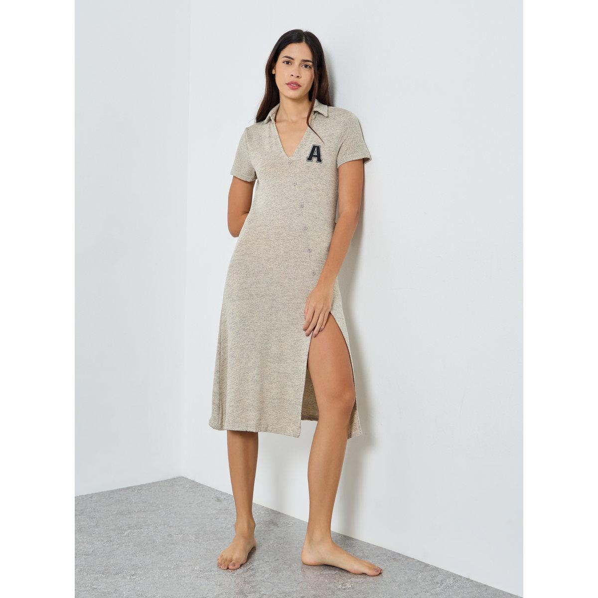 Styli Melange Embroidered Button Through Nightshirt Dress-women-clothing-nightwear-nighties-image-1
