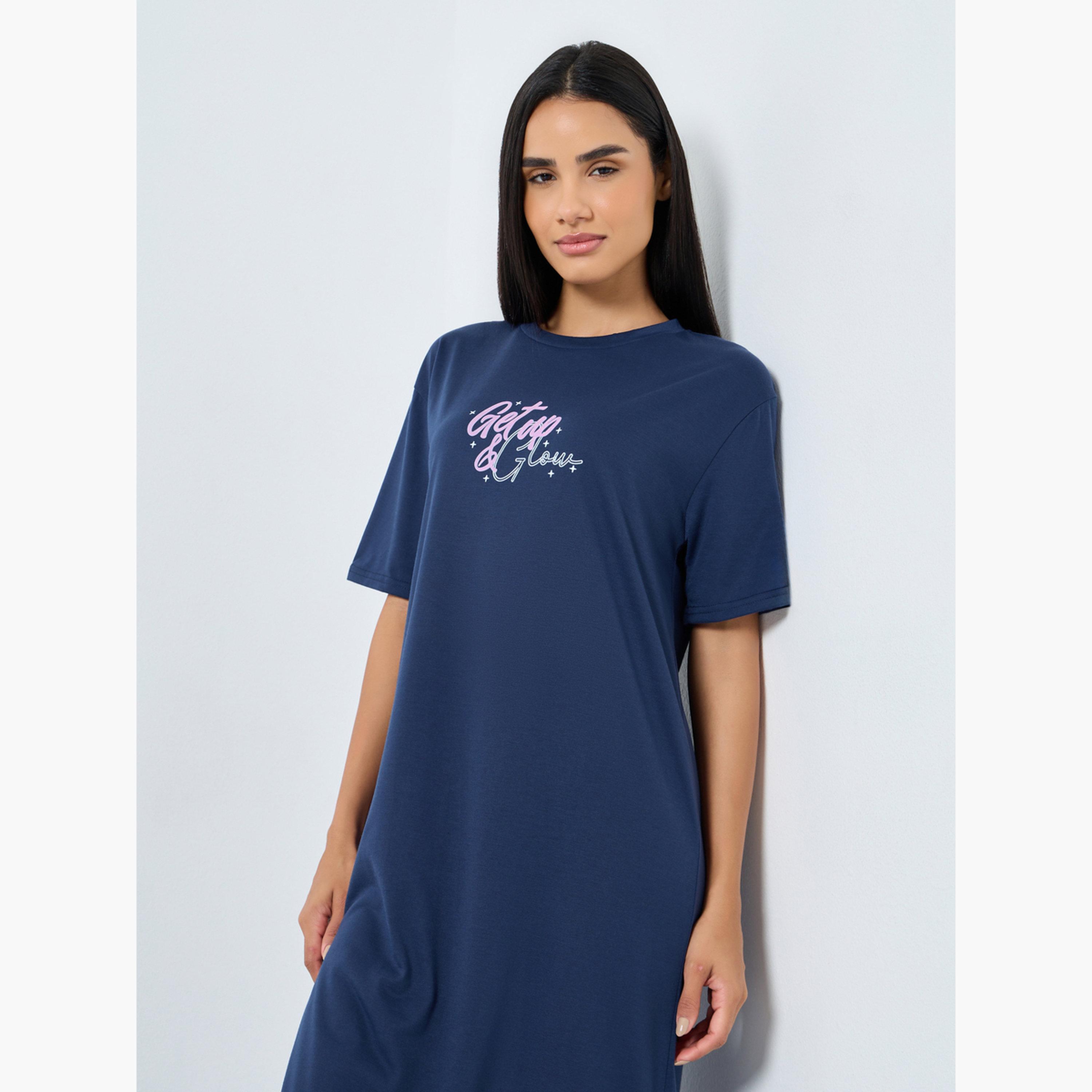 Styli Get Up and Glow Print Sleep T-Shirt Dress-women-clothing-nightwear-nighties-image-2