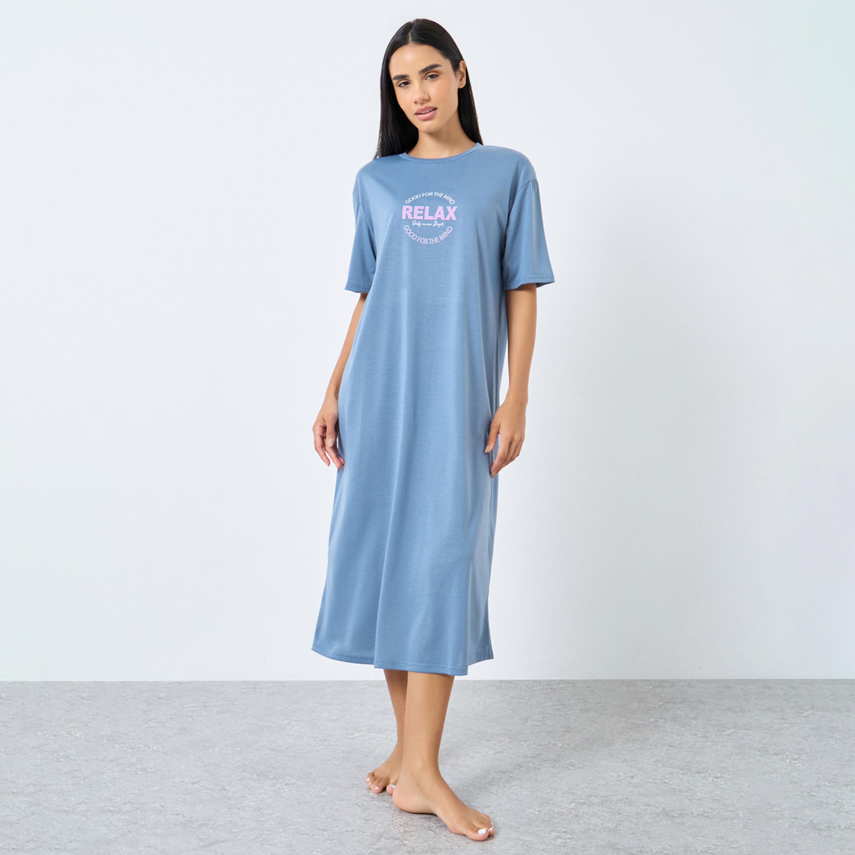 Styli Relax Self Care Dept Slogan Print Sleep T-Shirt Dress-women-clothing-nightwear-nighties-image-1