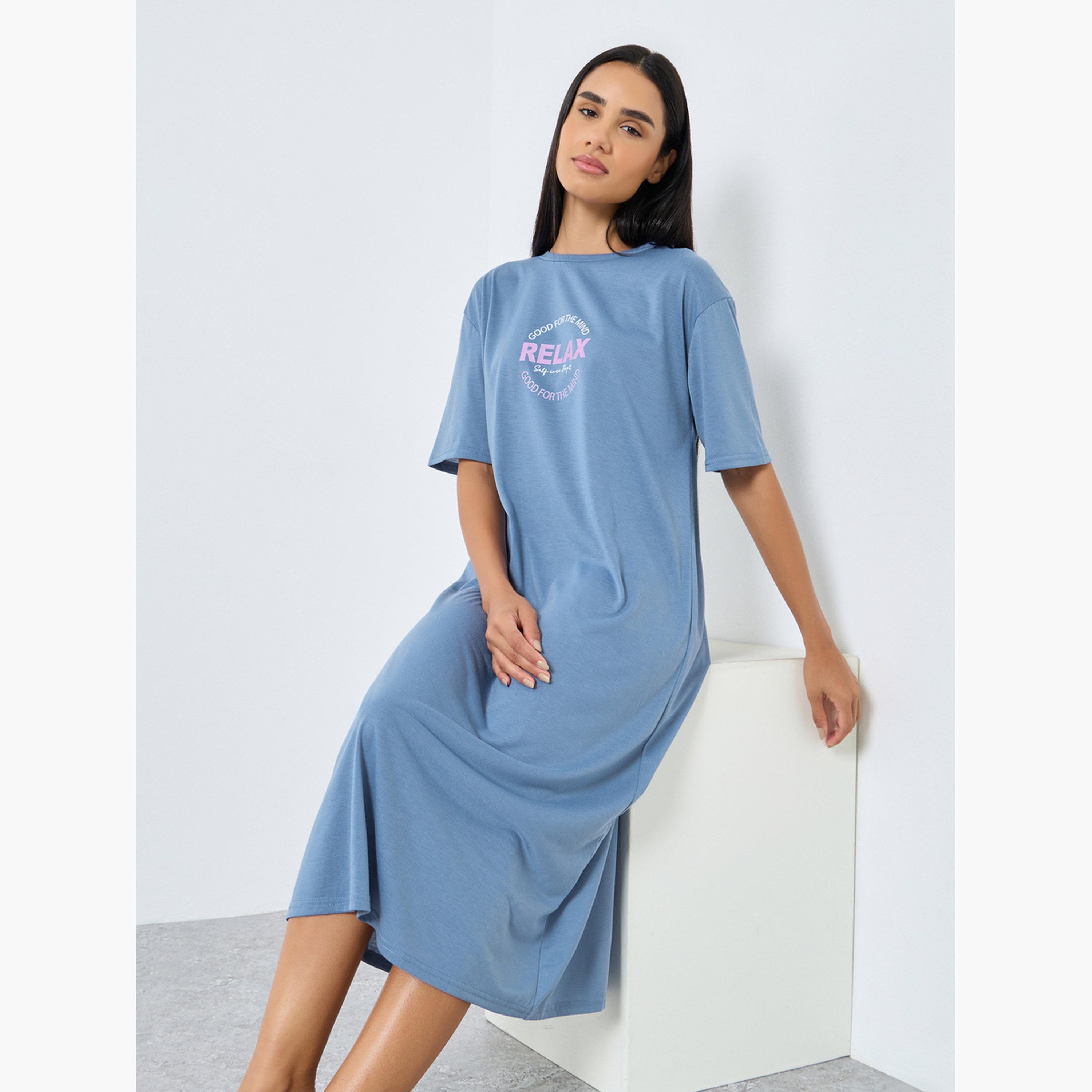 Styli Relax Self Care Dept Slogan Print Sleep T-Shirt Dress-women-clothing-nightwear-nighties-image-2