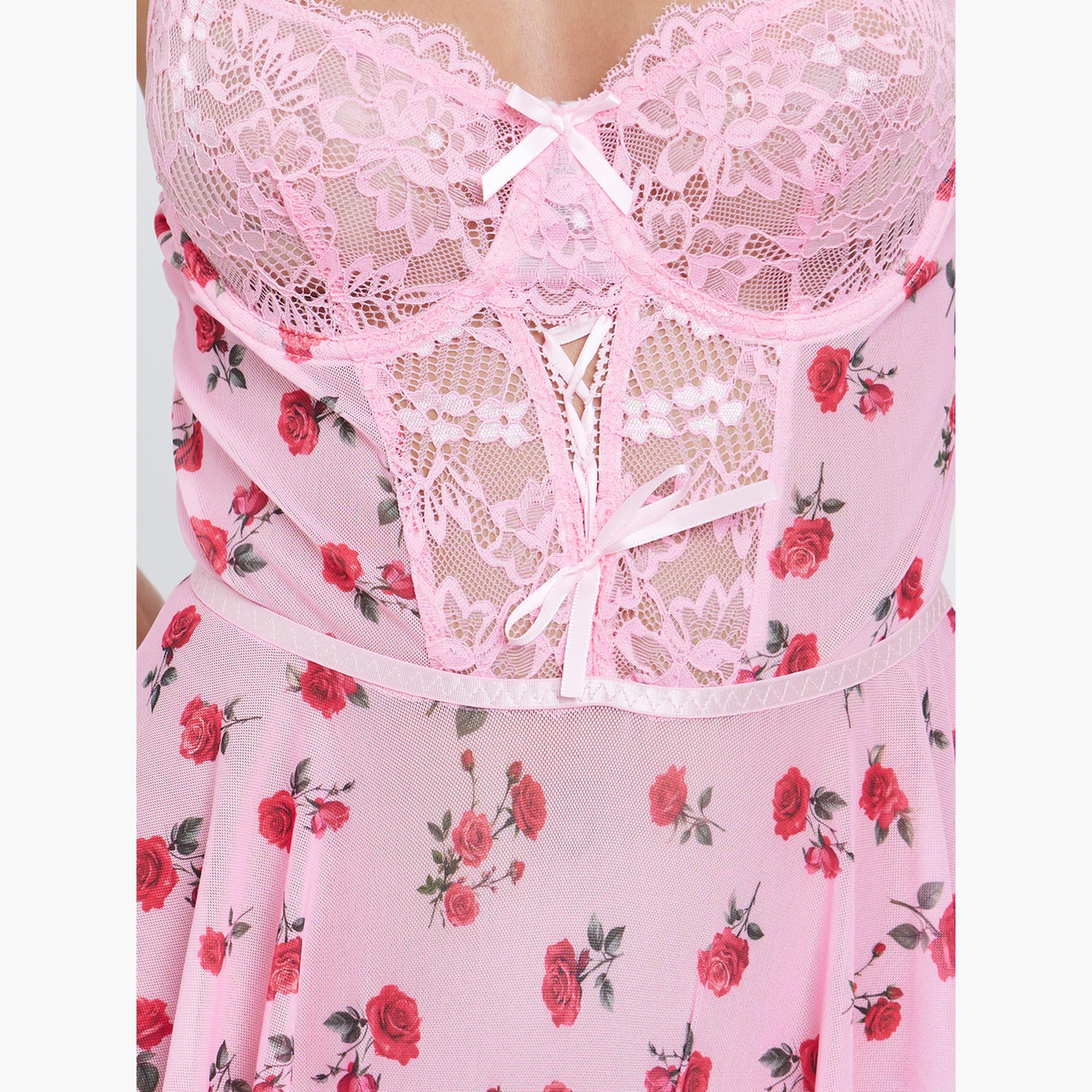 ستايلي - ملابس نوم لانجري بطبعة زهور مع لوحة دانتيل-women-clothing-lingerie-babydollsandbodysuits-image-4