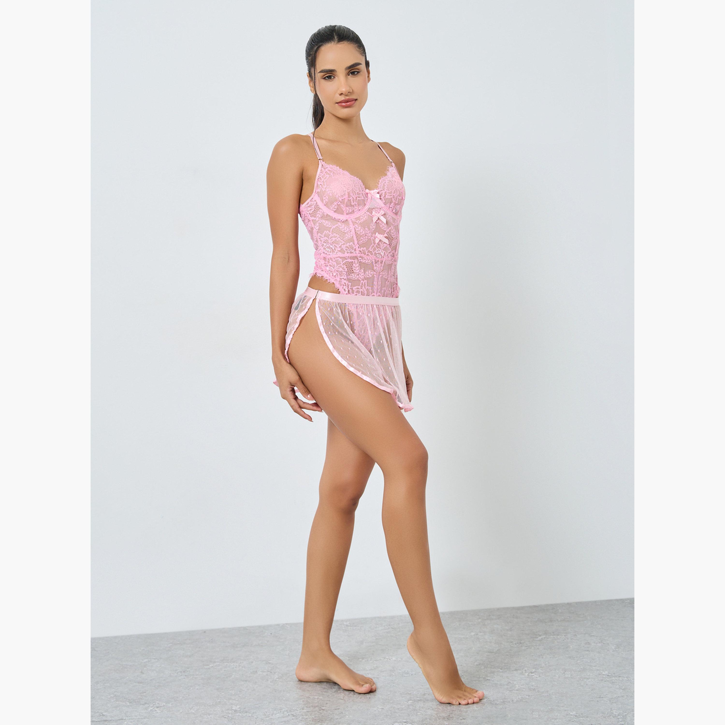 ستايلي - بدلة جسم من الدانتيل الزهري مع تنورة خارجية من قماش دوبي شبكي-women-clothing-lingerie-babydollsandbodysuits-image-2