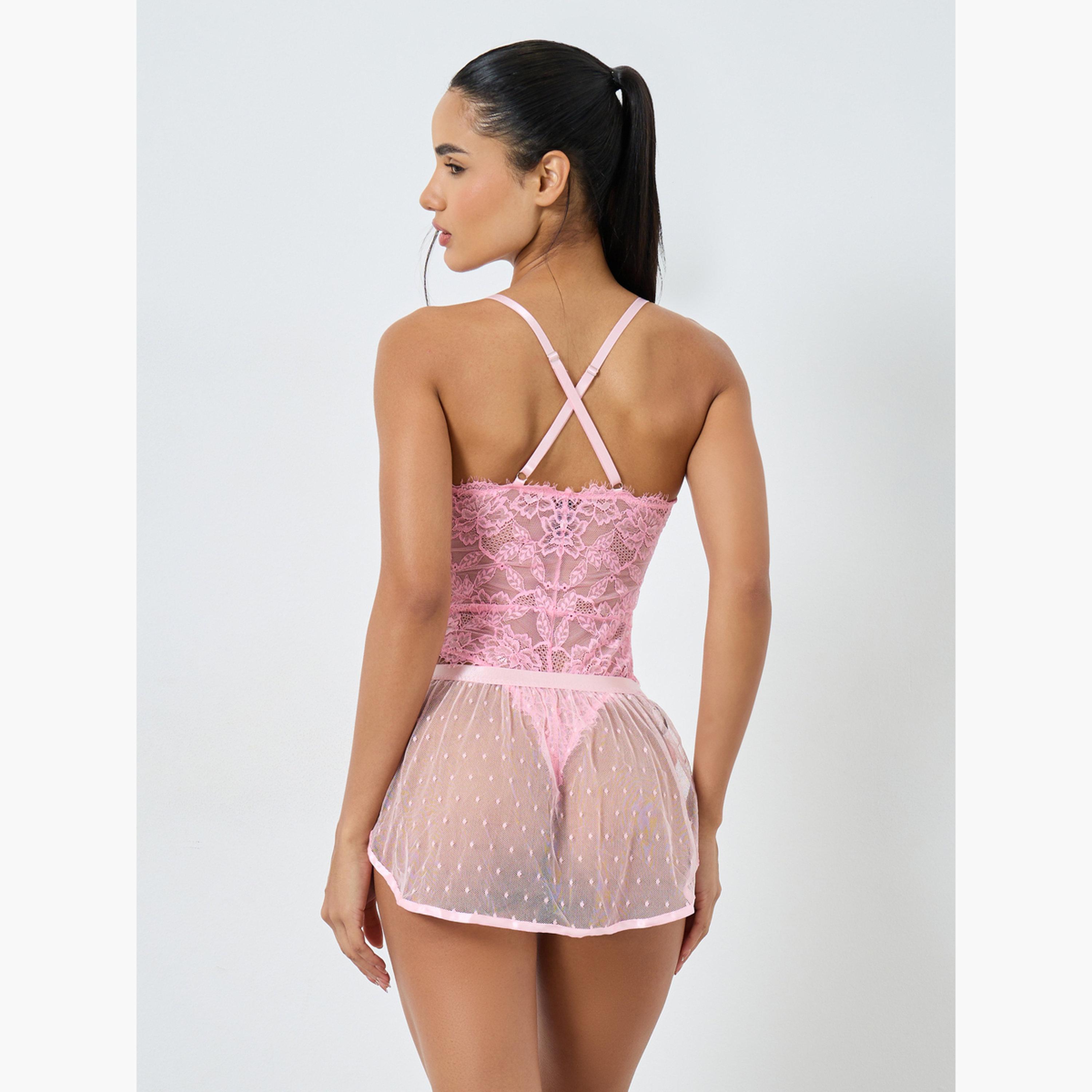 ستايلي - بدلة جسم من الدانتيل الزهري مع تنورة خارجية من قماش دوبي شبكي-women-clothing-lingerie-babydollsandbodysuits-image-3