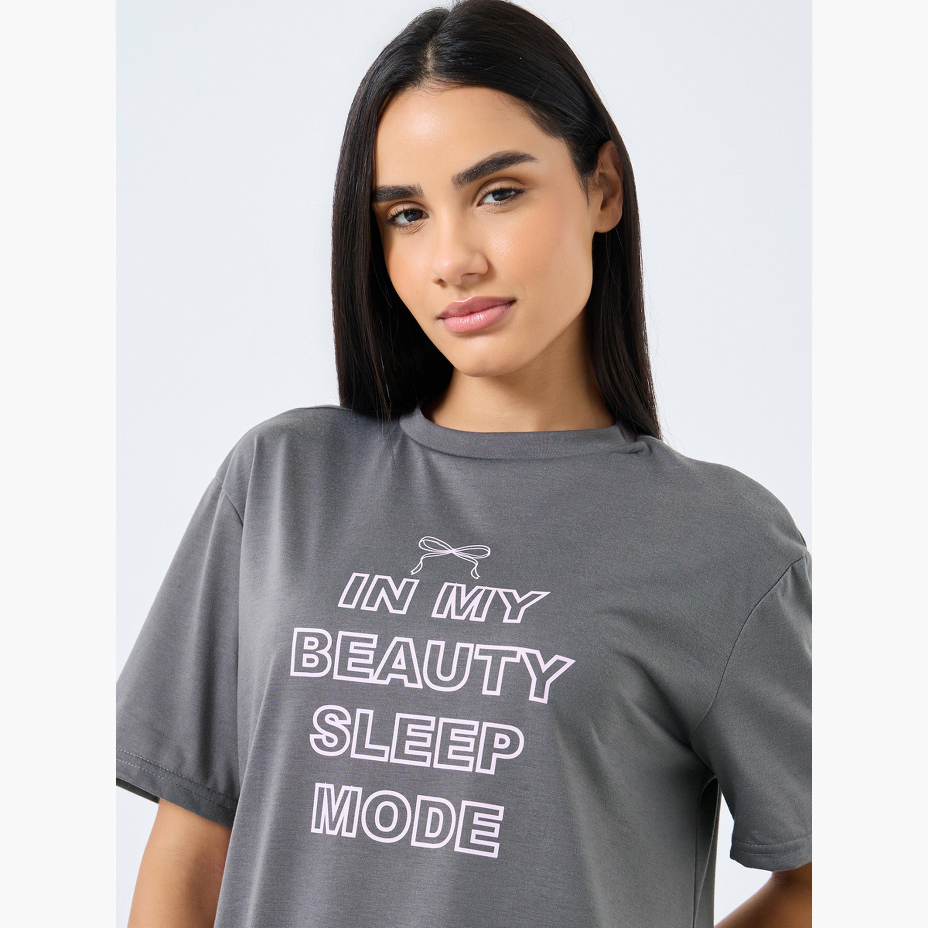 Styli In My Beauty Sleep Mode Slogan Print Sleep T-Shirt Dress-women-clothing-nightwear-nighties-image-4