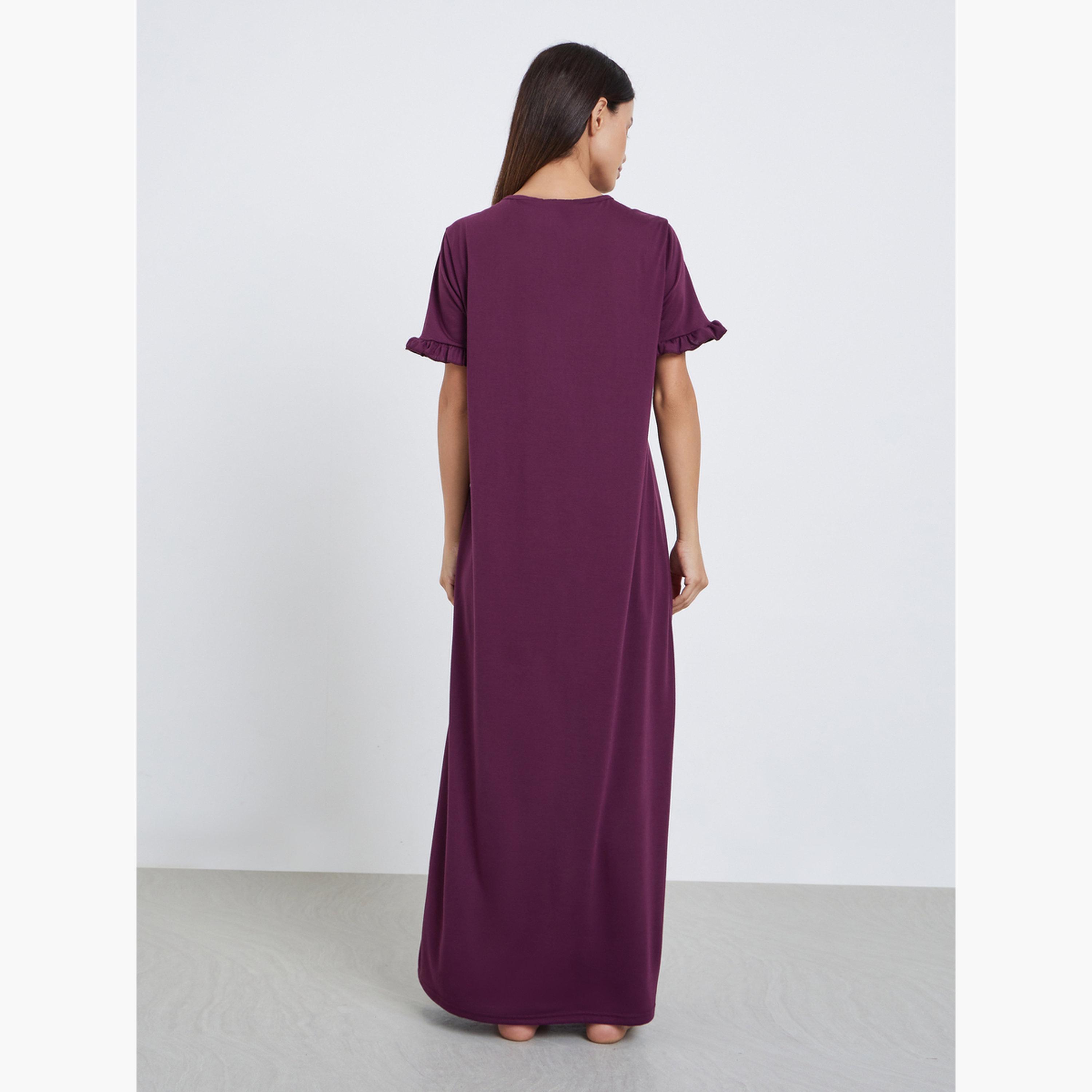 ستايلي - فستان نوم تي شيرت بأكمام مكشكشة وطبعة شعار للنساء-women-clothing-nightwear-nighties-image-3