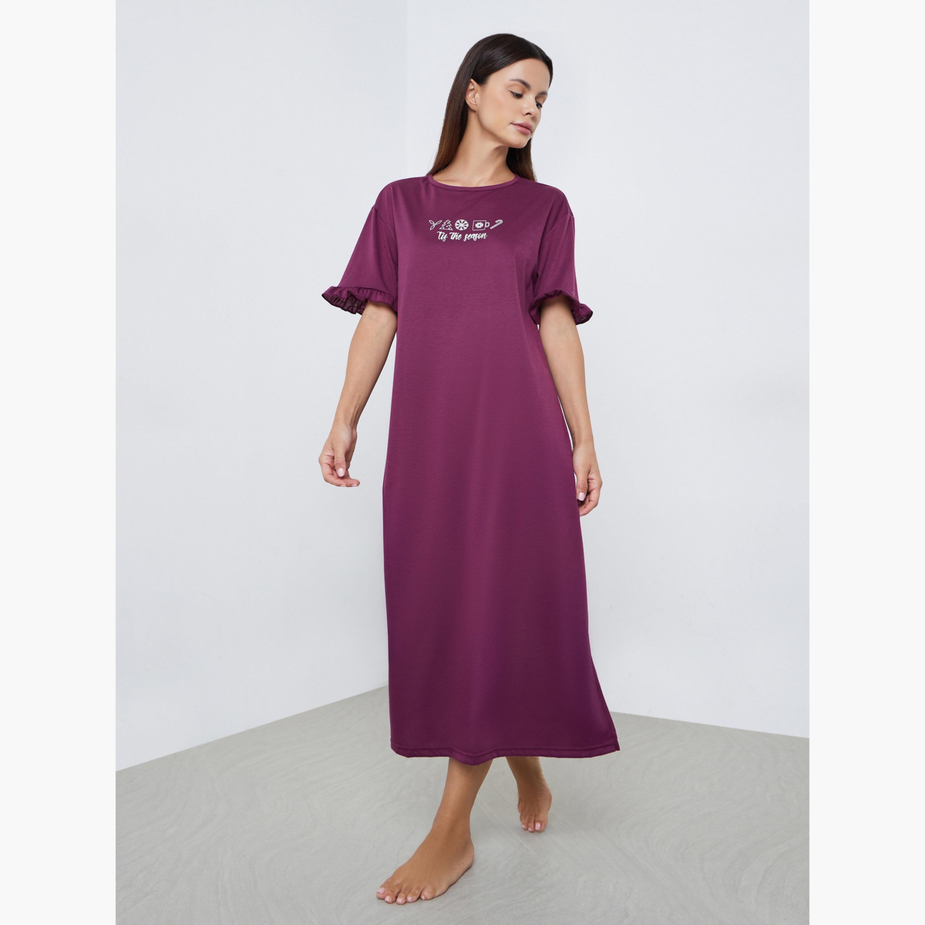 ستايلي - فستان نوم تي شيرت بأكمام مكشكشة وطبعة "هذا الموسم" للنساء-women-clothing-nightwear-nighties-image-1