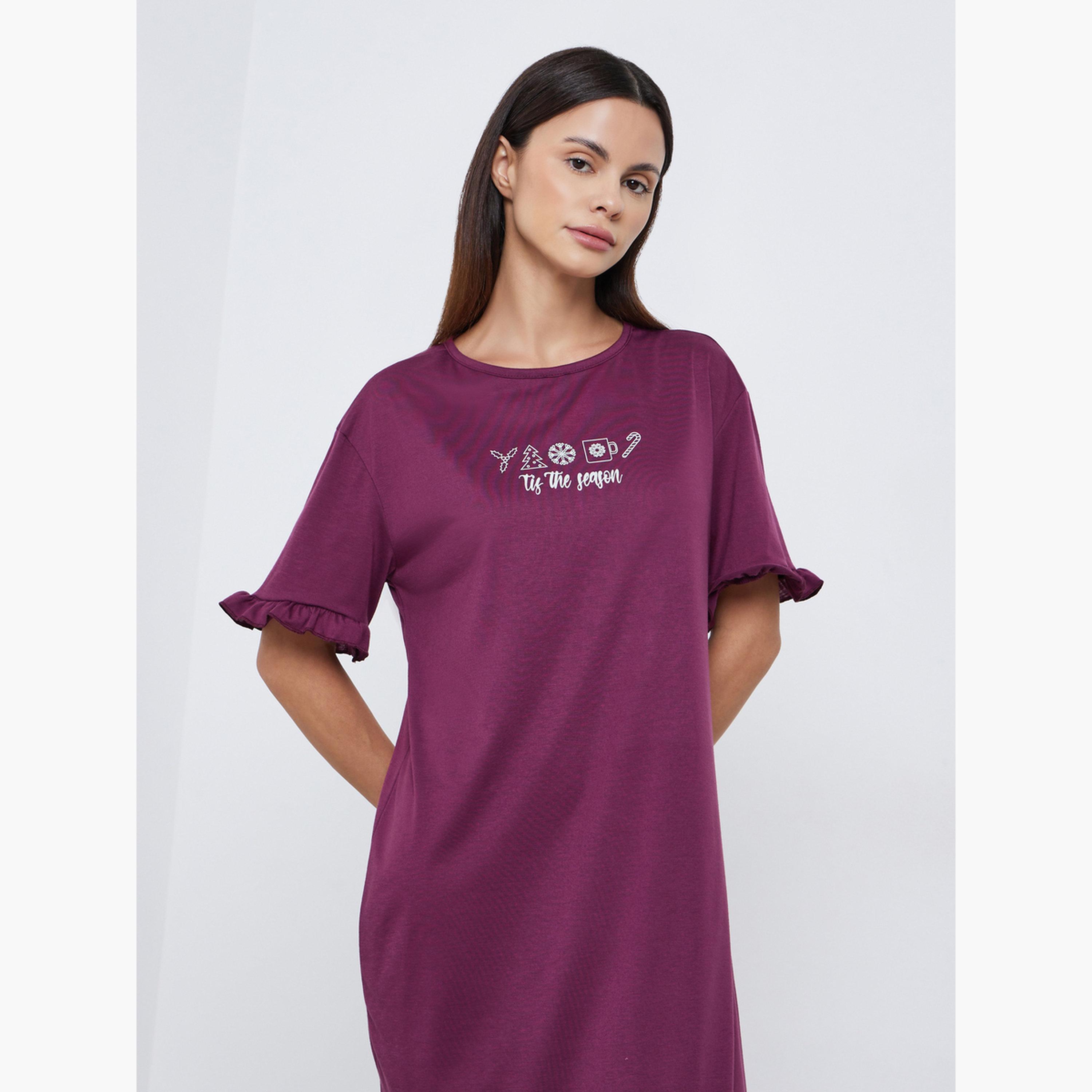 ستايلي - فستان نوم تي شيرت بأكمام مكشكشة وطبعة "هذا الموسم" للنساء-women-clothing-nightwear-nighties-image-3