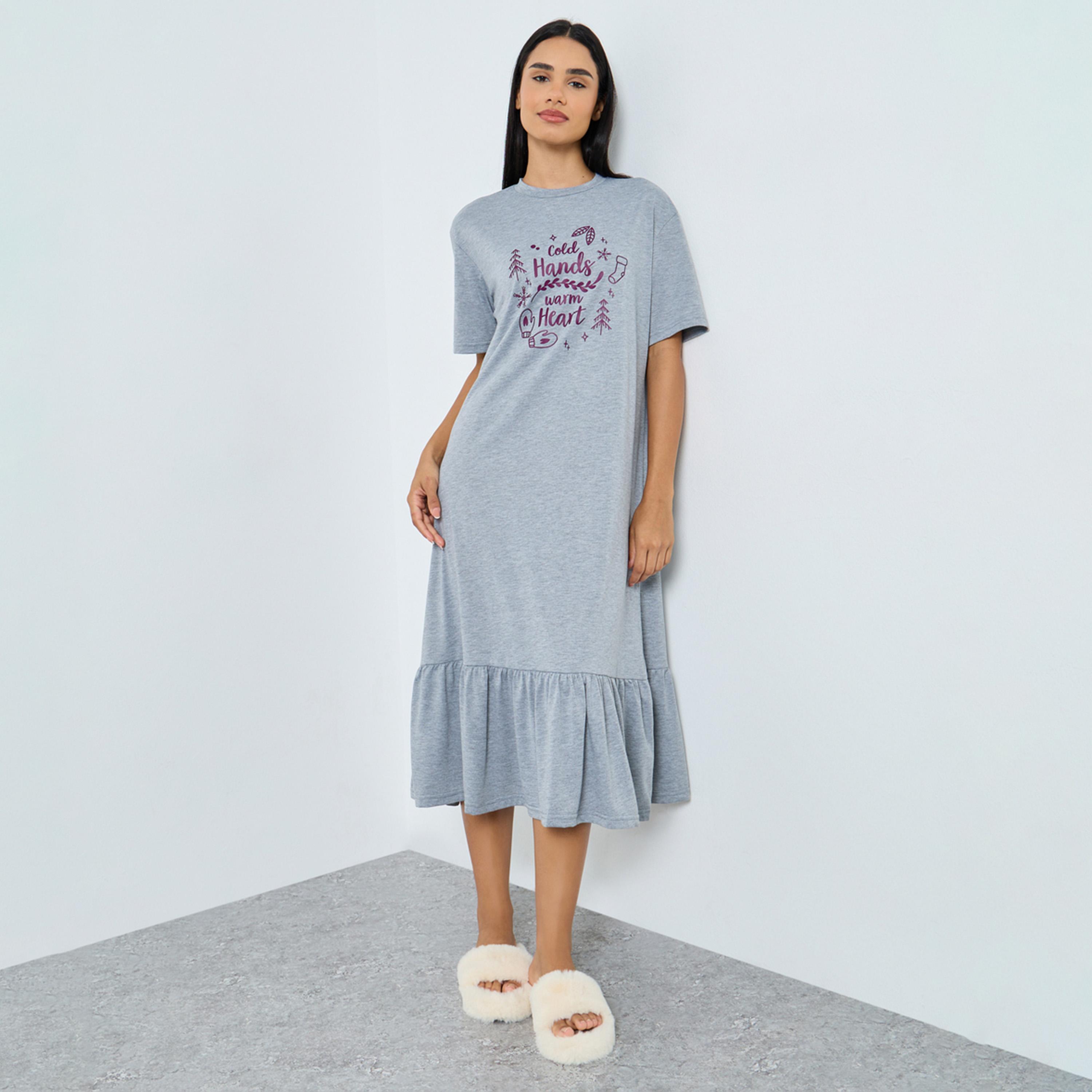 Styli Warm Heart Slogan Ruffle Hem Sleep T-Shirt Dress-women-clothing-nightwear-nighties-image-1