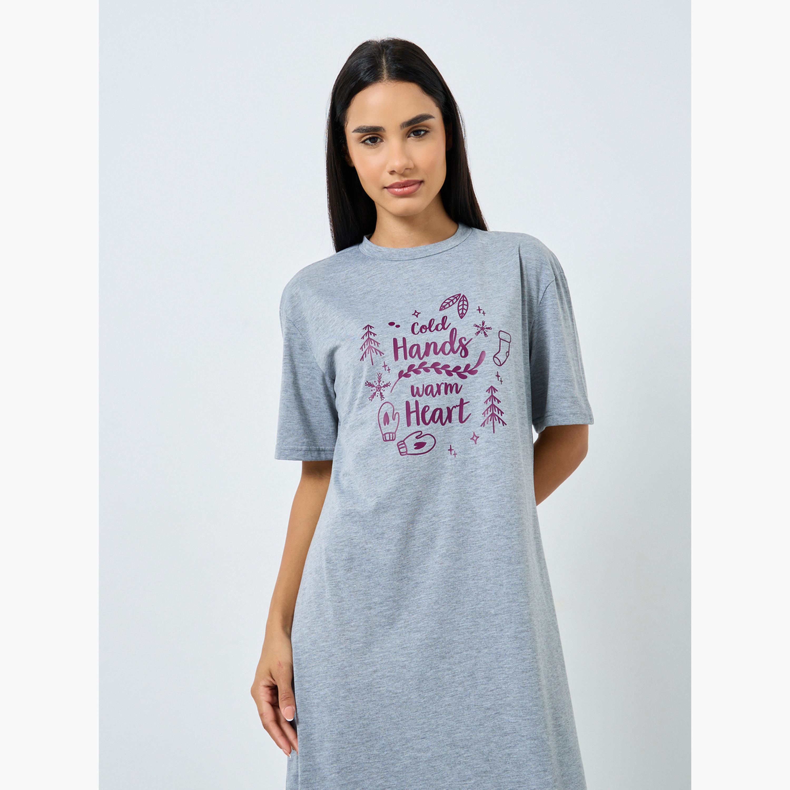 Styli Warm Heart Slogan Ruffle Hem Sleep T-Shirt Dress-women-clothing-nightwear-nighties-image-2